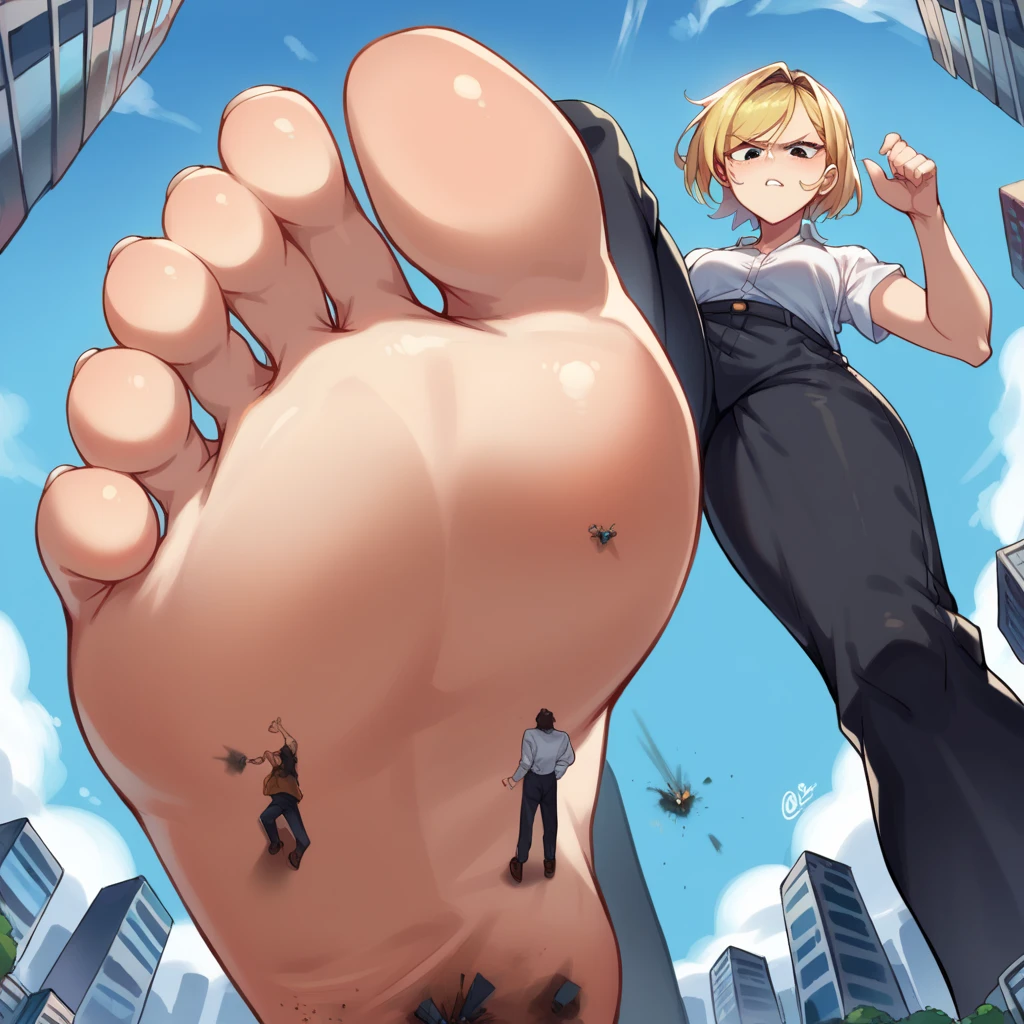 score_9, score_8_above, score_7_above, source_anime, BREAK POV : under Giantess , white skin tone , white shirt, black pants , blonde hair,from below,legs crossed,soles,city, destroying,car destroying