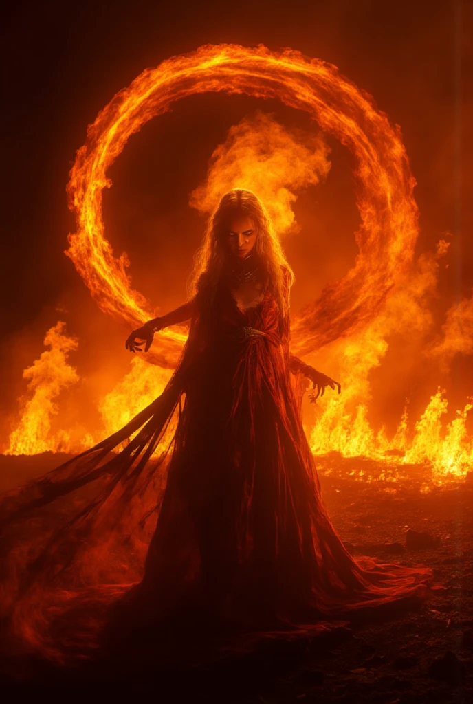 (best quality, 128k,highres,masterpiece:1.2),ultra-detailed,(realistic,photorealistic,photo-realistic:1.37), ((masterpiece)) ((photography)) ((Highest quality)) Photographic depiction of a fire mage standing in a dramatic pose, flames swirling around her hands and body. The warm, fiery glow illuminates her intense expression and flowing garments, which ripple as if caught in the heat. The background features a scorched landscape with glowing embers, emphasizing her mastery over the element of fire.