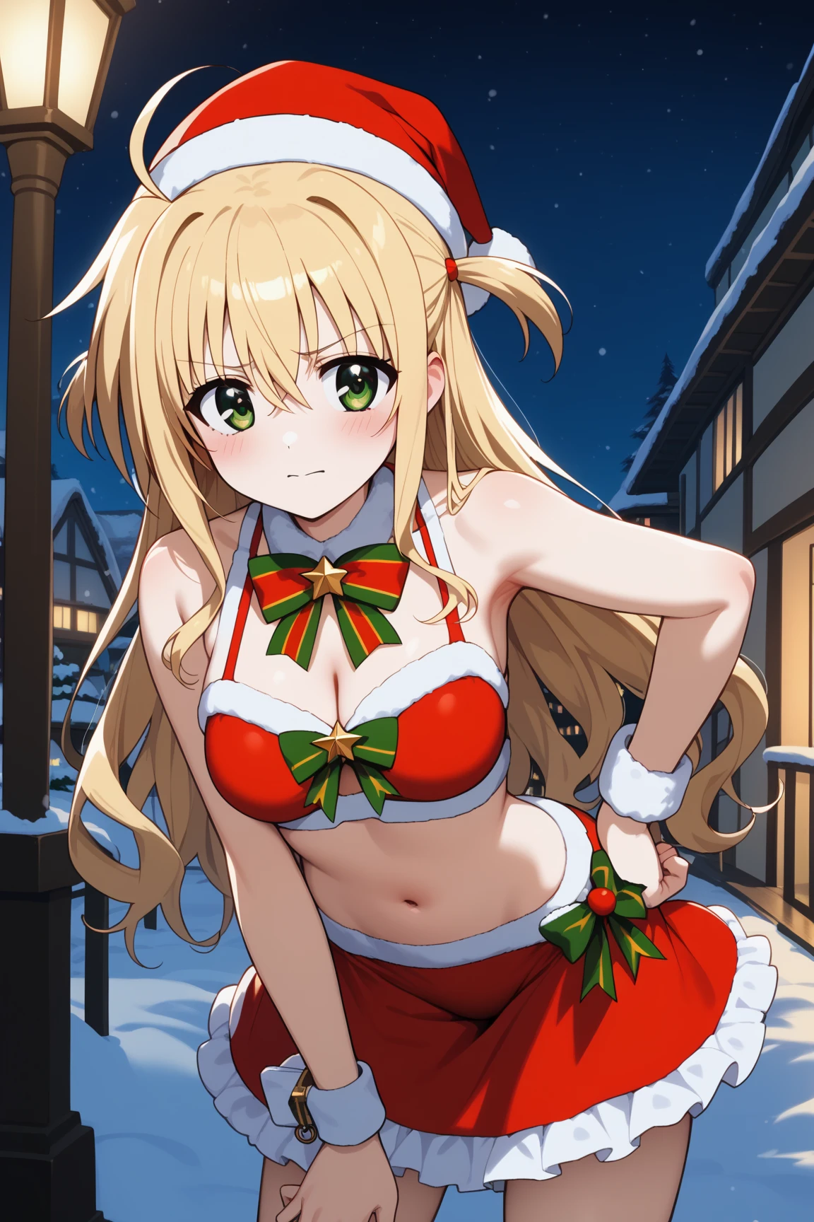 white haired neko girl, with cat eyes, close up, kawaii, santa bikini outfit