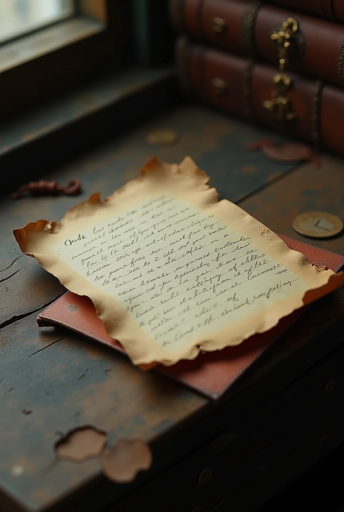 Image Prompt*: A close-up of an old letter with the text written on it, detailing the message about going to a friend’s house at midnight.