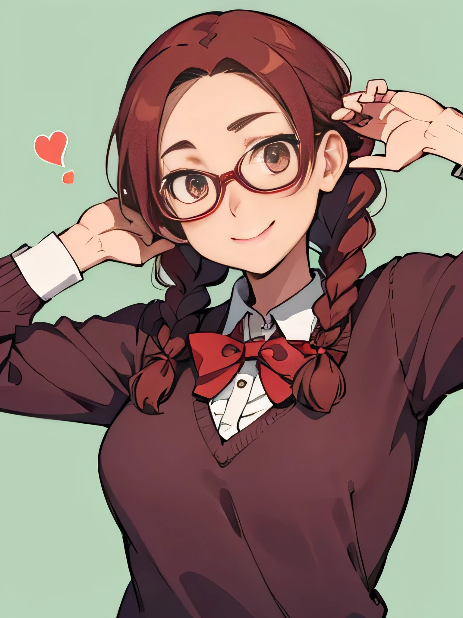 Kazami_Mizuho, 1women, geek girl, mature, 35 years old, English, shy smile,  redhead, braids, glasses, medium breasts, blouse, plaited skirt, upper body shot,