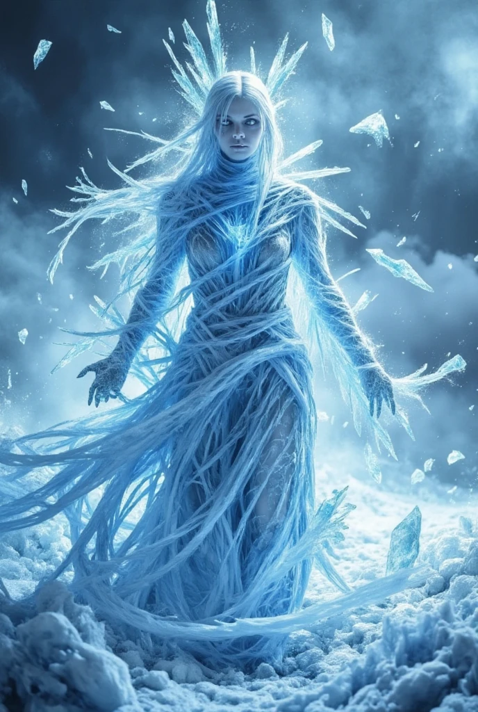 (best quality, 128k,highres,masterpiece:1.2),ultra-detailed,(realistic,photorealistic,photo-realistic:1.37), ((masterpiece)) ((photography)) ((Highest quality)) Photographic depiction of an ice mage, surrounded by crystalline shards of ice that float mid-air around her. Her frosty aura is enhanced by her pale, glowing skin and garments resembling frozen patterns. The background is an icy tundra with glistening frost and snow, creating a cold, ethereal atmosphere.