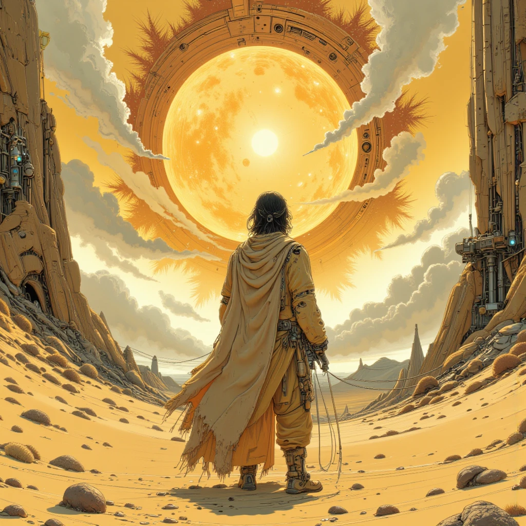 A man with shoulder-length hair stood in the middle of a vast, golden desert. A huge sun, like a giant clock, hung in the sky and rotated slowly. The man's shadow extends infinitely, as if transcending time and space. The man's face was clearly visible with an expression full of determination and vigor, looking directly at the sun.