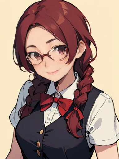 Kazami_Mizuho, 1women, geek girl, mature, 35 years old, English, shy smile,  redhead, braids, glasses, medium breasts, blouse, plaited skirt, upper body shot,