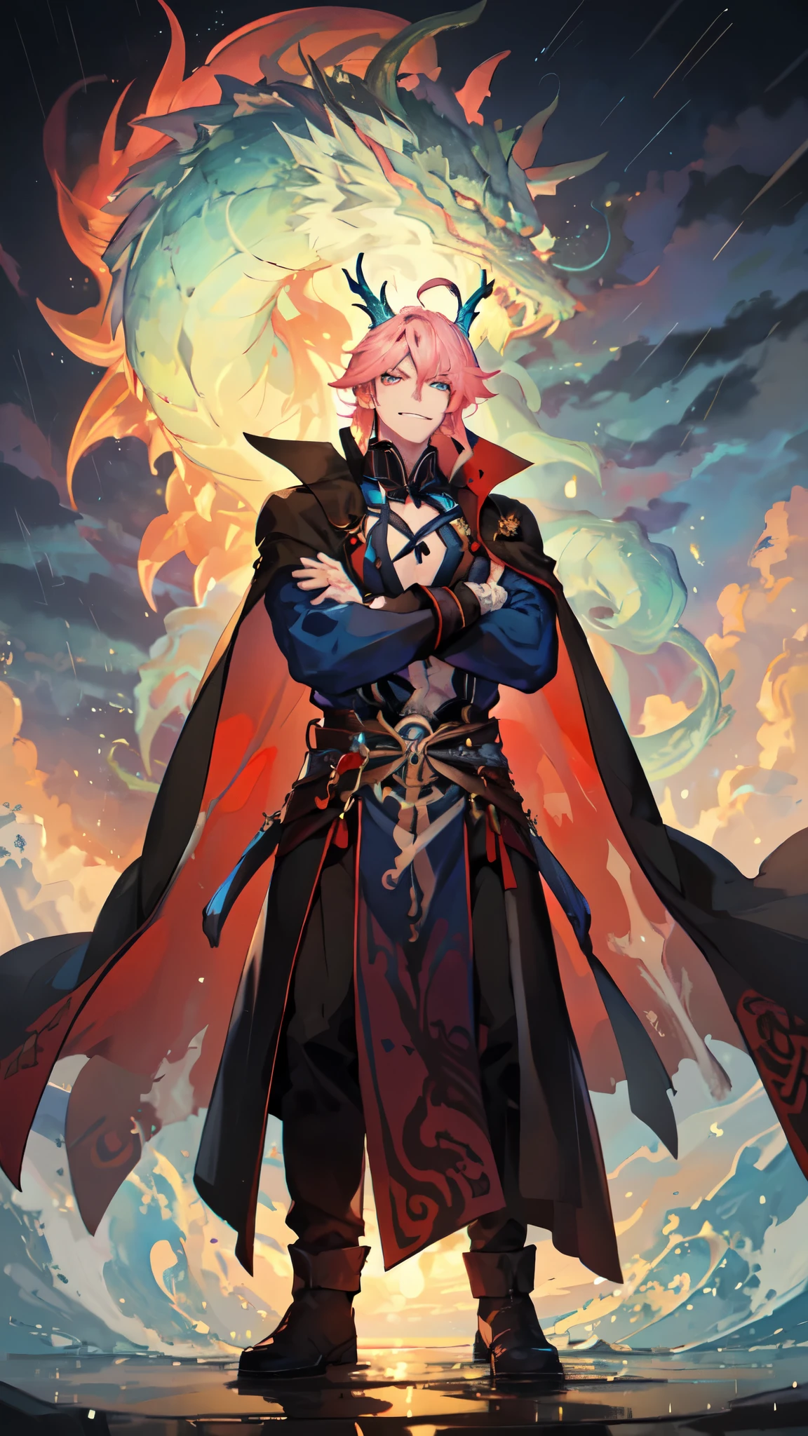 dragon, 1boy, male focus, rain, looking at viewer, crossed arms, long hair, chinese clothes, horns, solo, pink hair, wide sleeves, blue eyes, thunder, cape, white wavey hair, long sleeves, thinder dragon, standing, smirking, wind, glowing, holding, bangs,  waves, full body, facial mark, open mouth, smile, sky, multicolored hair, fangs, monster, magic, purple cape, fantasy, dragon boy, creature, cloud, ahoge,