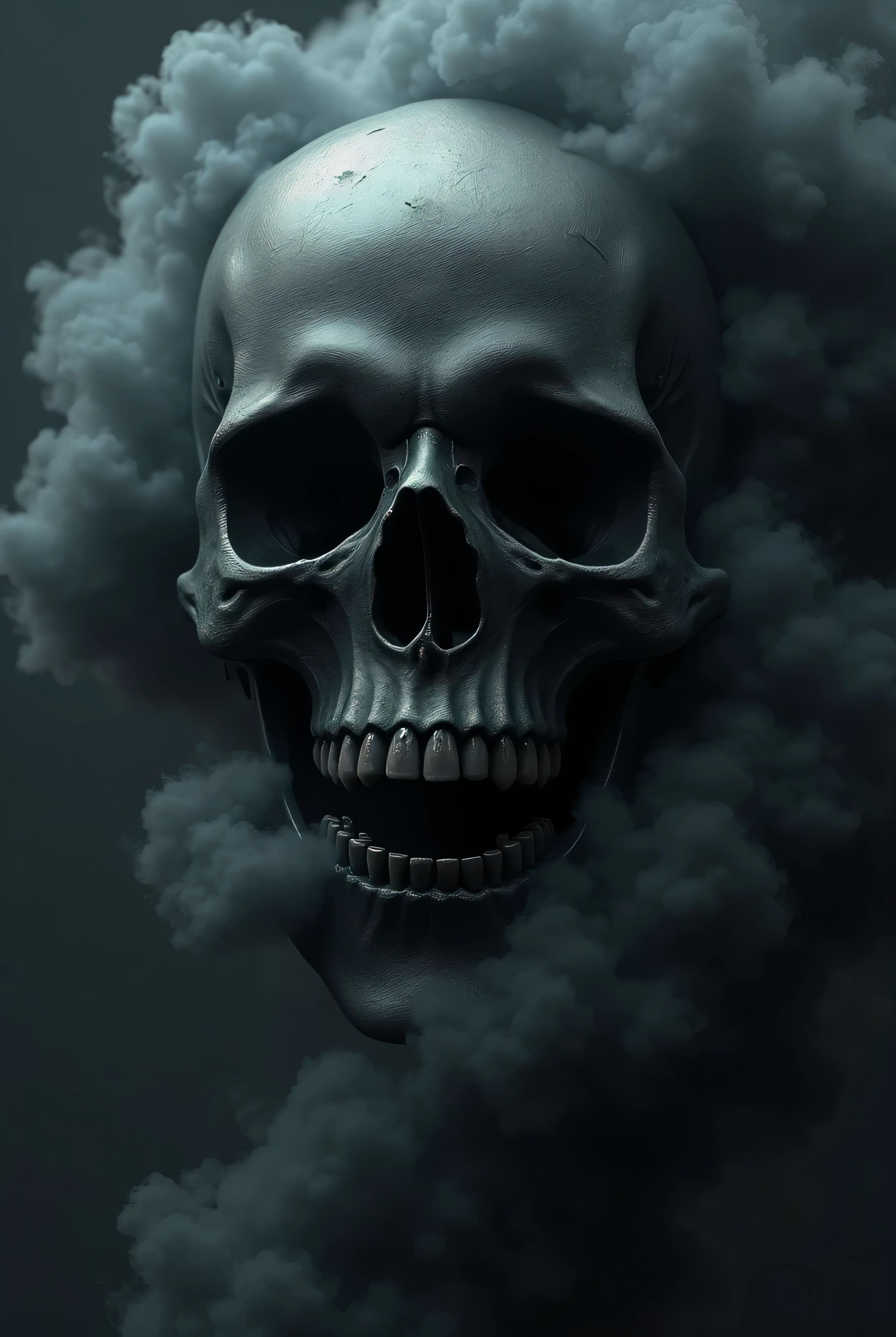 create an artwork in just white with a black background of a skull head looking forward, that the two eyes appear on the left side normally and from the middle to the right side disintegrating,
the right half disintegrating quite a bit, very intense turning to dust, as if he had been shot,
the skull has to be half and half, one side whole and the other quite disintegrating