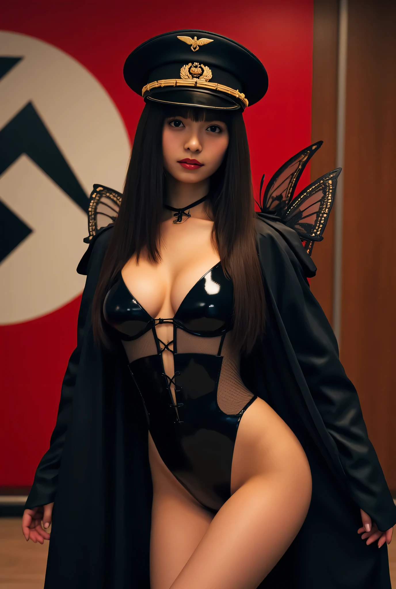 Lay down on top of a flag of the United States, is Beautiful woman in stockings, and white leather basque, beautiful black hair, gorgeous young model, beautiful woman, beautiful young woman, a gorgeous, very pretty model.