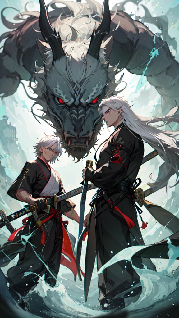 White hair male, wavey long hair, katana by side, electric dragon power、epic、powerful, menacing look. Scar by the chin.