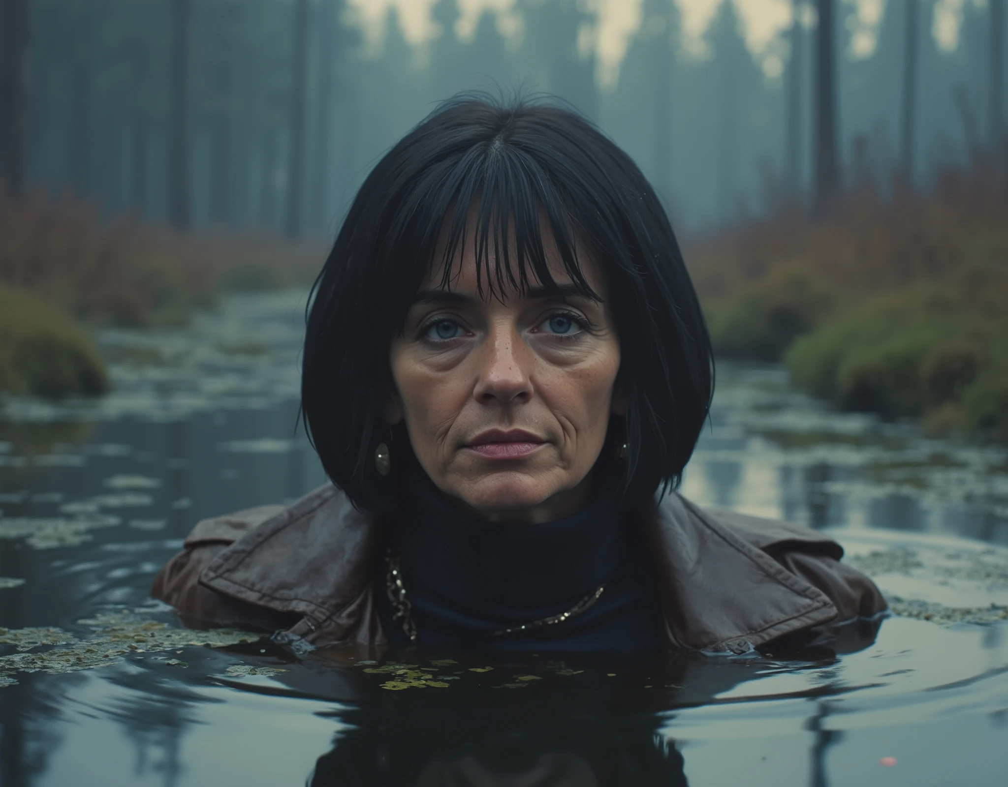 ( character design.  top quality ,4K,  tan line  ,  realistic), a portrait of sick tired whore mature mom,   plunged into a deep swamp , turtleneck, a washed leather jacket  ,  Accessories ,   wild and eerie Scandinavian environment  , dark and mysterious  ,  misty dramatic atmosphere  ,  soft lighting  ,bright colors,A reflection in a swamp polluted  duckweed, bob-cut, lust passion