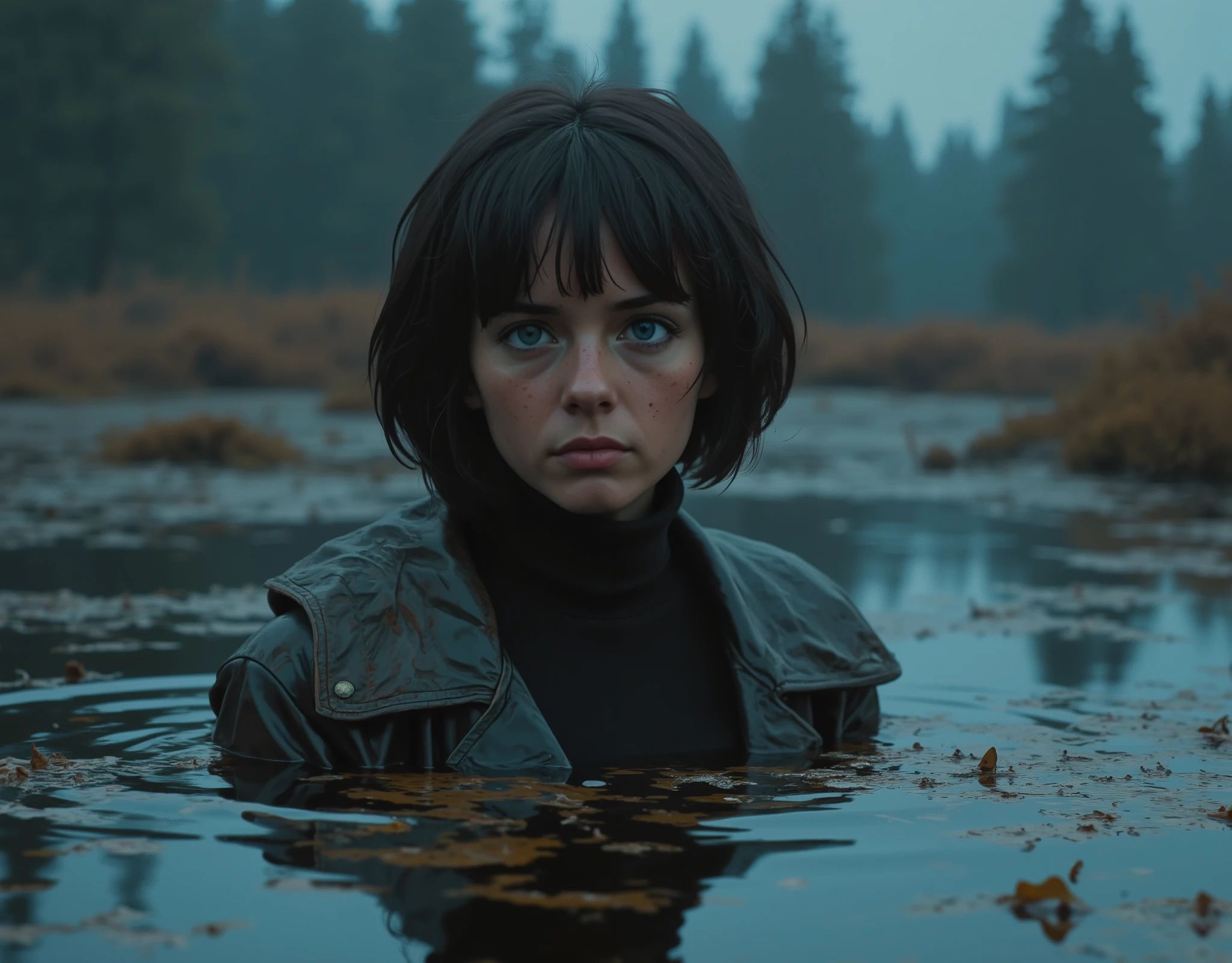 ( character design. top quality ,4K, tan line , realistic), a portrait of sick tired whore mature mom, plunged into a deep swamp , turtleneck, a washed leather jacket , Accessories , wild and eerie Scandinavian environment , dark and mysterious , misty dramatic atmosphere , soft lighting ,bright colors,A reflection in a swamp polluted duckweed, bob-cut, lust passion