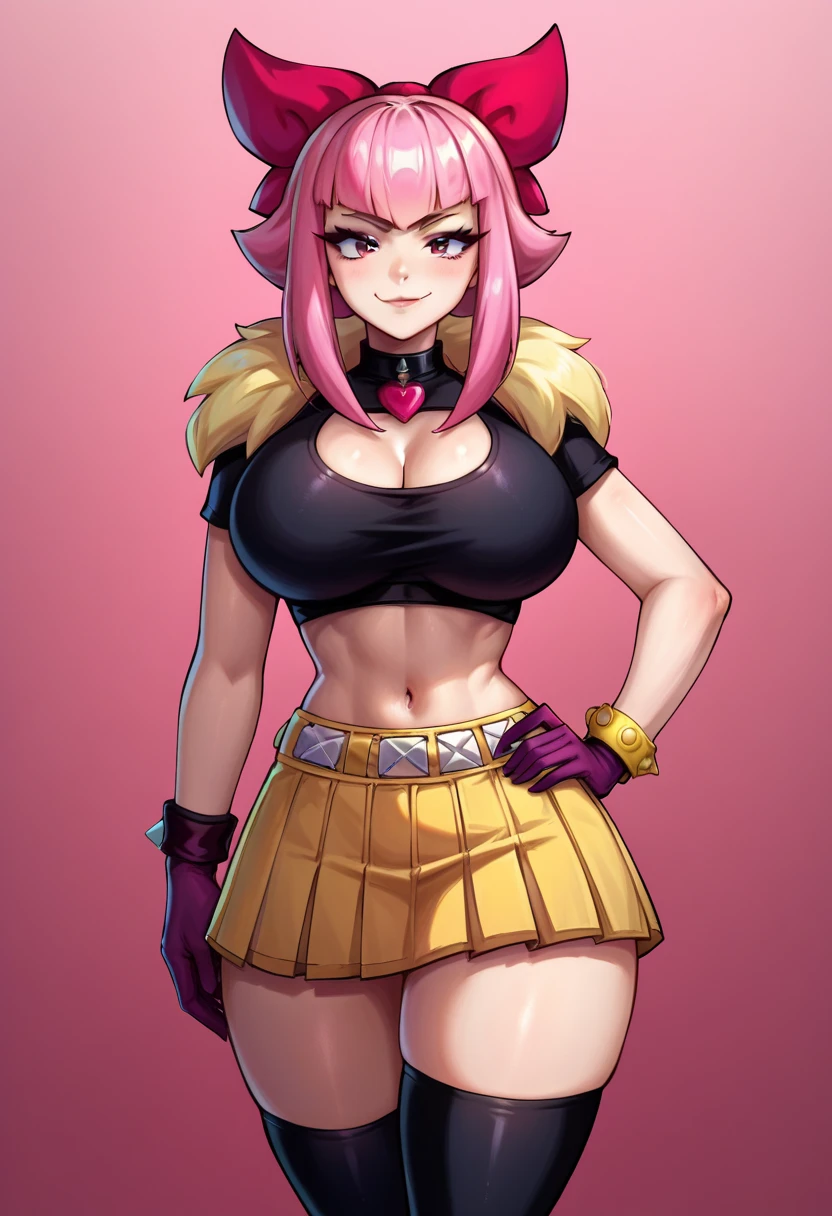 melodie, pink hair, hair bow, black crop top, yellow skirt, midriff, black thighighs, fur stole, bracelet, gloves, 1 woman, pink circle halftone background, red to pink gradient background, detailed face, walking forward, leg forward, looking at viewer, pointed towards viewer, front view, hand on hip, smug expression, closed mouth, one character, single, high quality, soft thighs, (huge breasts:1.0), belly button, sexy body
