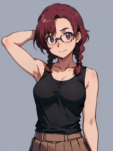 (Kazami_Mizuho),1women, geek girl, mature, 35 years old, English, shy smile, brunette, braids, glasses, medium breasts, tank top, plaited skirt, upper body shot,