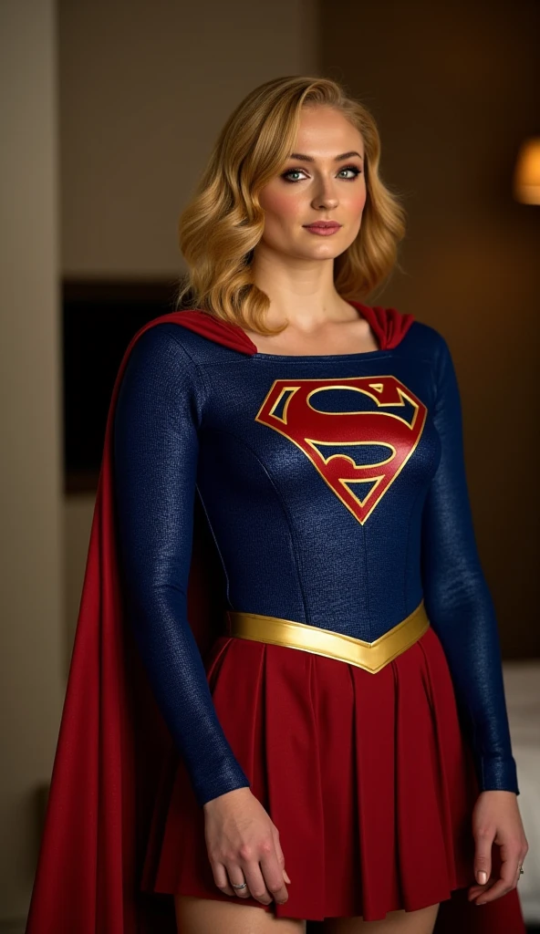 Sophie Turner dressed as Supergirl,  in a hotel room, smiling in a sensual pose for the camera
