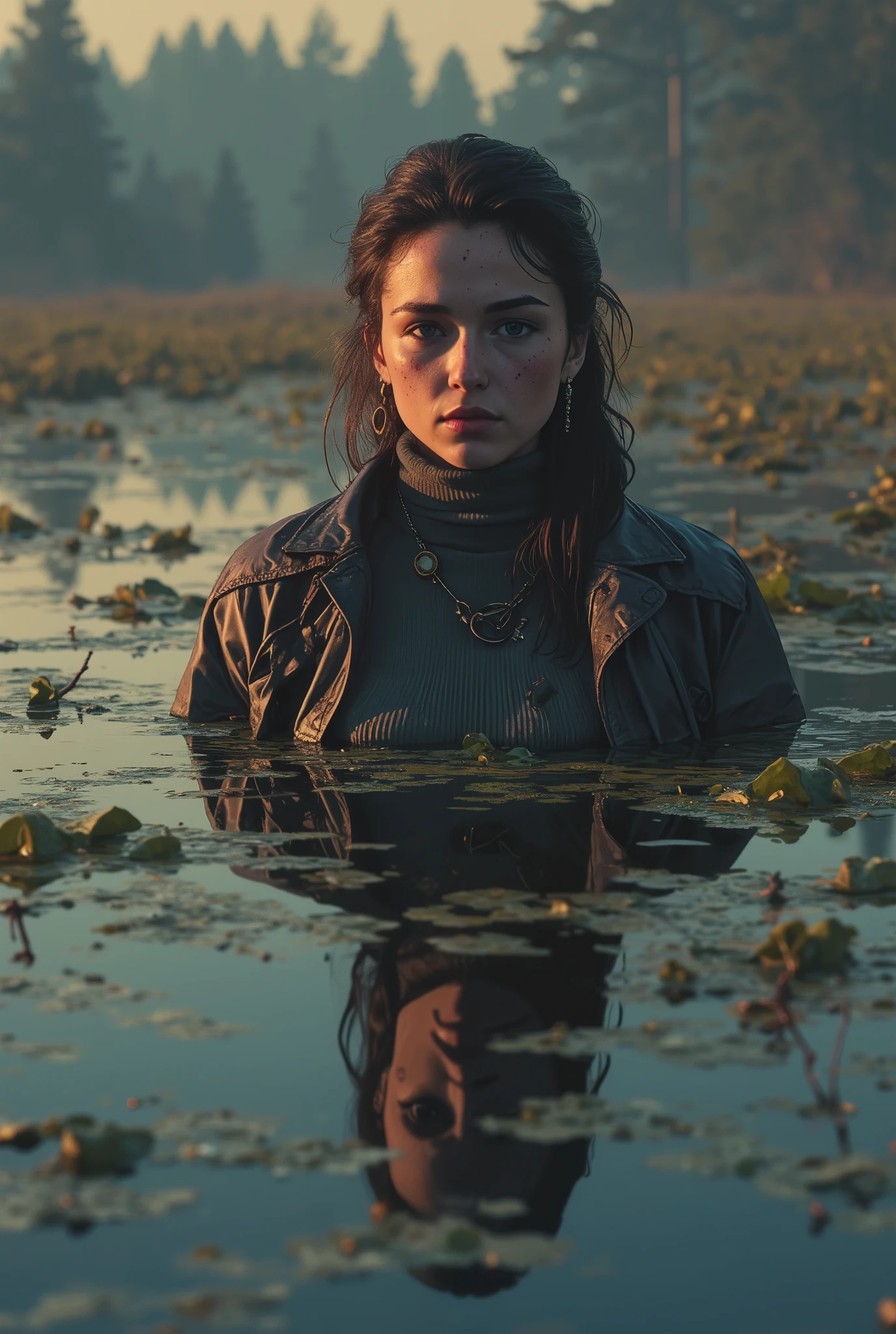 ( top quality ,4K, tan line , realistic), a portrait of sick whore mom, plunged into a deep swamp , turtleneck, a washed leather jacket , Accessories , wild and eerie Scandinavian environment , dark and mysterious , misty dramatic atmosphere , soft lighting ,bright colors,A reflection in a swamp polluted duckweed,