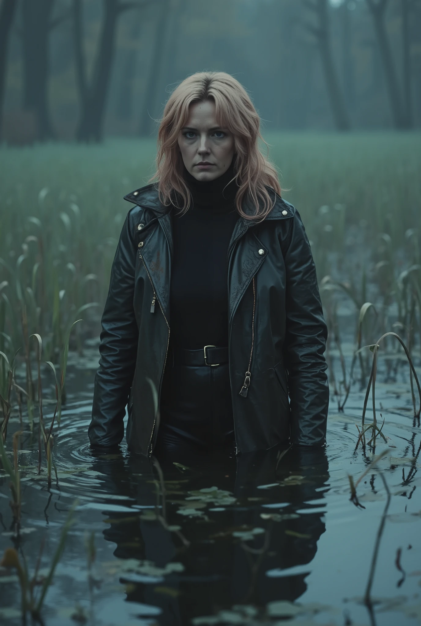 (  top quality ,4K,  tan line  ,  realistic), a portrait of old sick whore,   plunged into a deep swamp , turtleneck, a washed leather jacket  ,  Accessories ,   wild and eerie Scandinavian environment  , dark and mysterious  ,  misty dramatic atmosphere  ,  soft lighting  ,bright colors,A reflection in a swamp polluted  duckweed, 