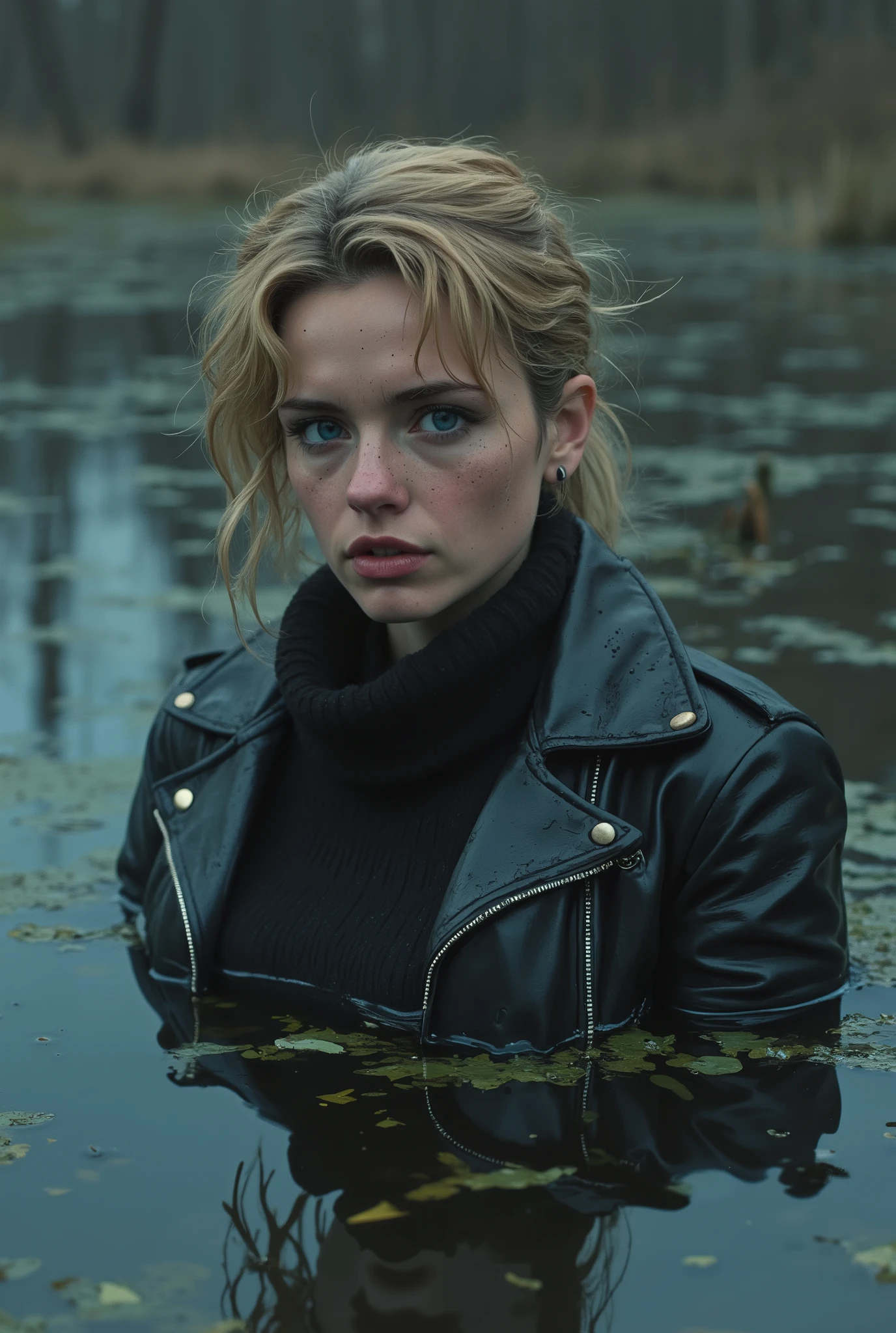 (  top quality ,4K,  tan line  ,  realistic), a portrait of old sick whore,   plunged into a deep swamp , turtleneck, a washed leather jacket  ,  Accessories ,   wild and eerie Scandinavian environment  , dark and mysterious  ,  misty dramatic atmosphere  ,  soft lighting  ,bright colors,A reflection in a swamp polluted  duckweed, 