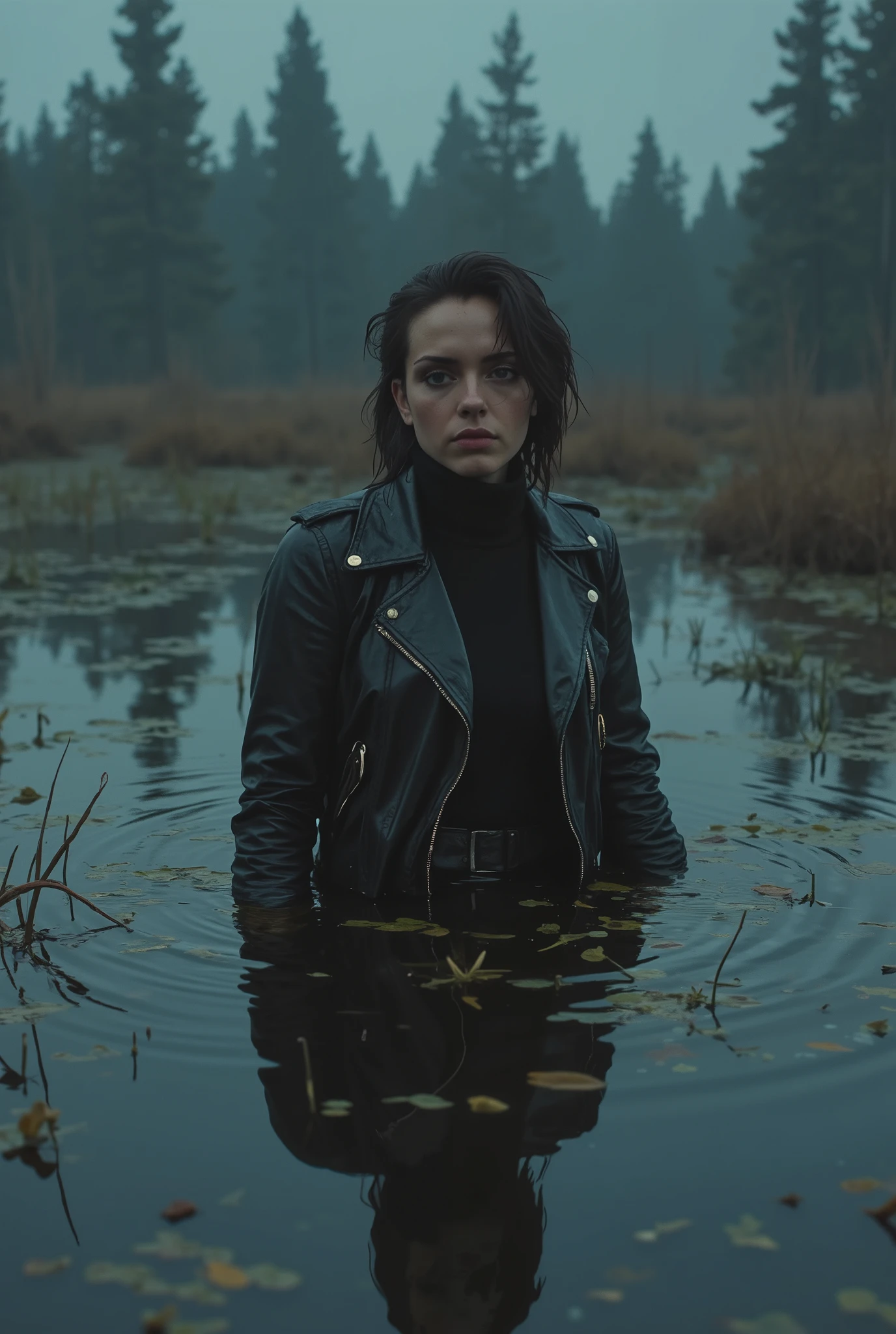 ( top quality ,4K, tan line , realistic), a portrait of a 40 years old sick whore, plunged into a deep swamp , turtleneck, a washed leather jacket , Accessories , wild and eerie Scandinavian environment , dark and mysterious , misty dramatic atmosphere , soft lighting ,bright colors,A reflection in a swamp polluted duckweed,