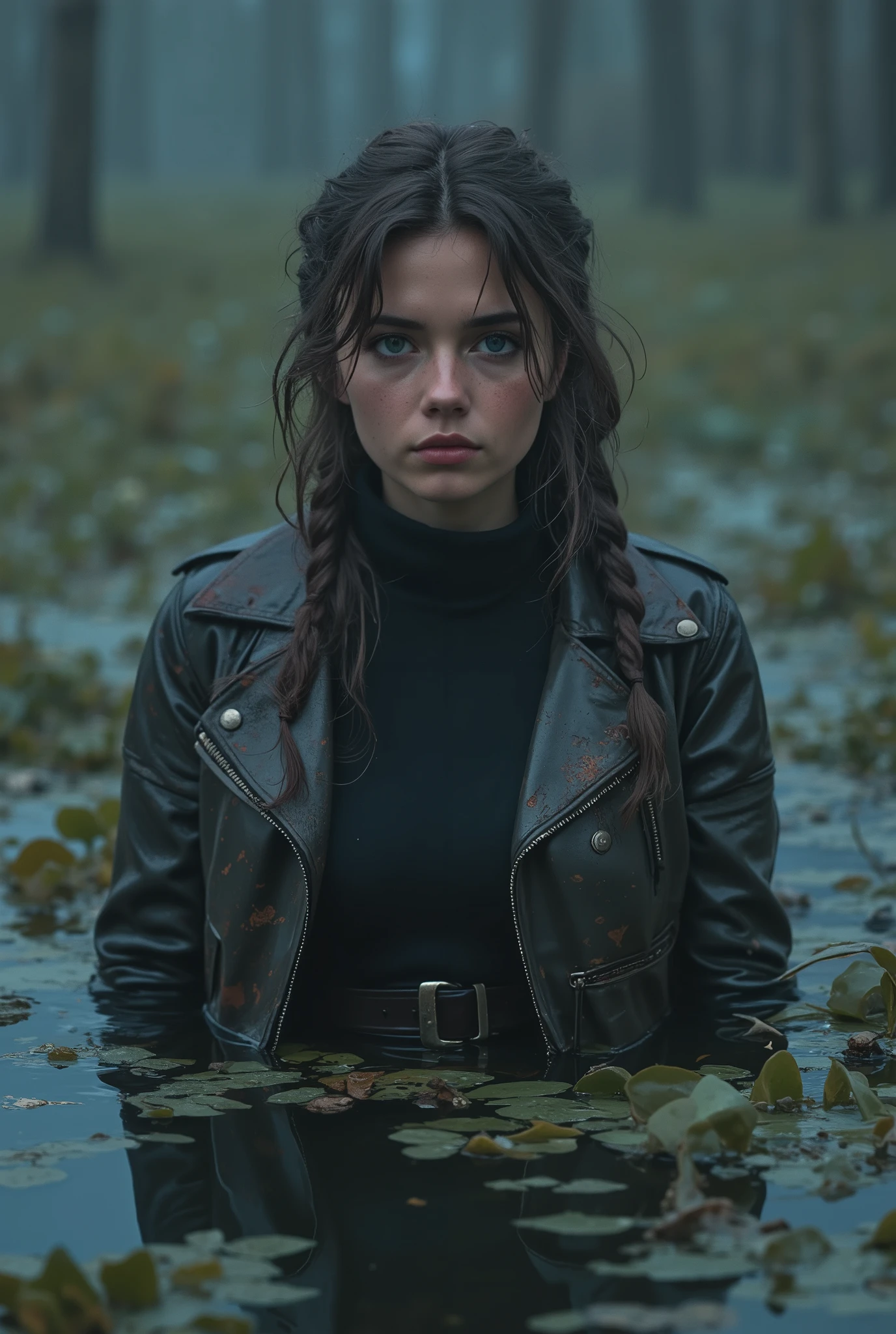 ( top quality ,4K, tan line , realistic), a portrait of a 40 years old sick whore, plunged into a deep swamp , turtleneck, a washed leather jacket , Accessories , wild and eerie Scandinavian environment , dark and mysterious , misty dramatic atmosphere , soft lighting ,bright colors,A reflection in a swamp polluted duckweed,