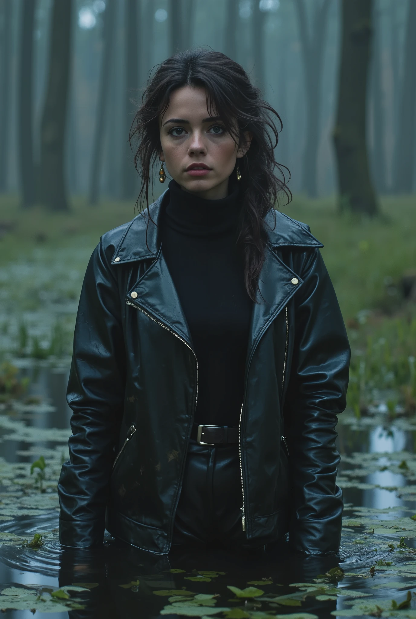 ( top quality ,4K, tan line , realistic), close-up of a portrait of a 40 years old whore, plunged into a deep swamp , turtleneck, a washed leather jacket , Accessories , wild and eerie Scandinavian environment , dark and mysterious , misty dramatic atmosphere , soft lighting ,bright colors,A reflection in a swamp polluted duckweed,