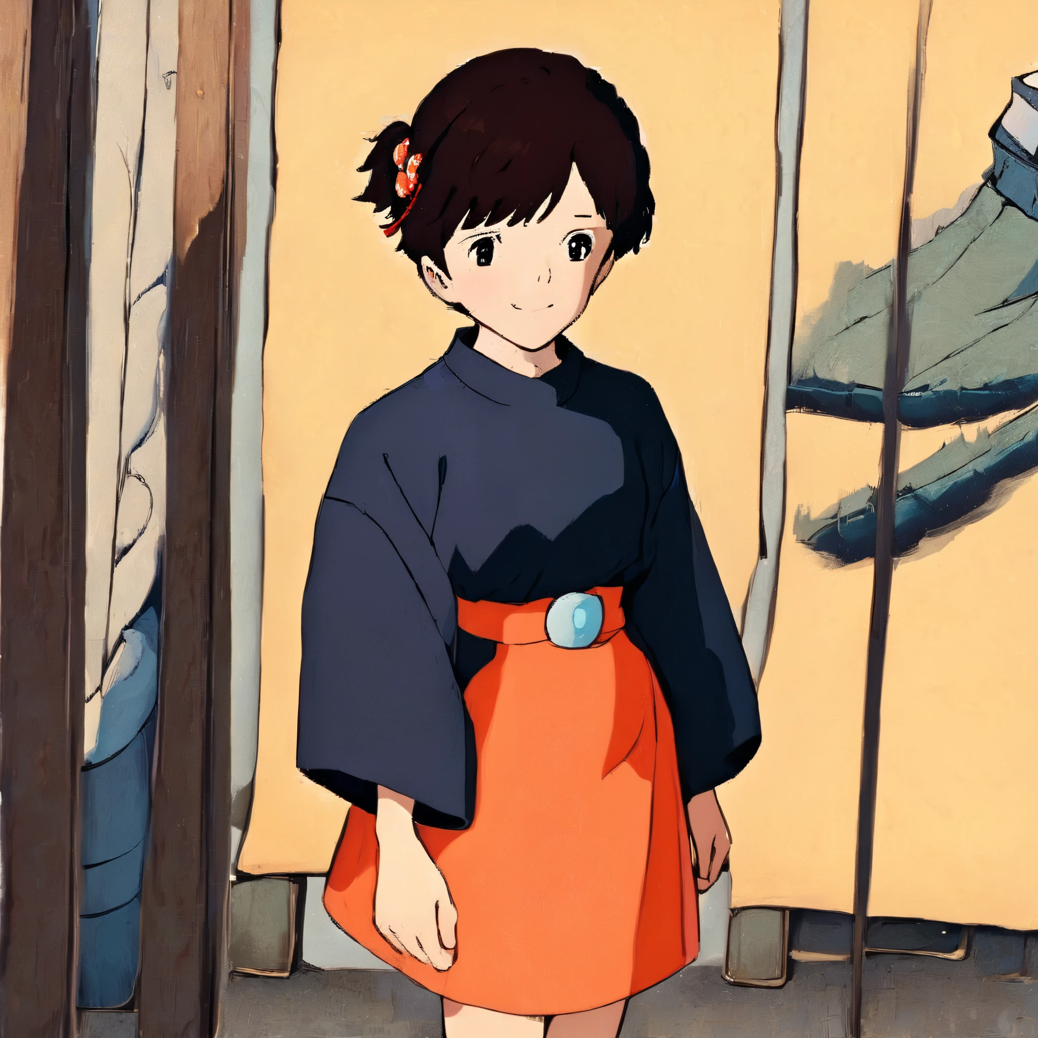 Young girl, messy short hair, tomboy, cute, , slight smile, posing, pretty, 1950s japanese style outfit, pinafore short skirt