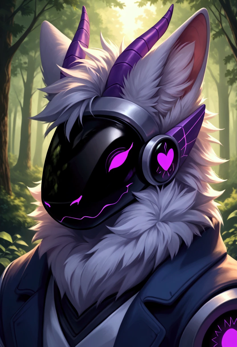 a male protogen, silver fur, purple eyes, front horns, anthropomorphic, anime style, slim body, calm forest, (best quality,4k,8k,highres,masterpiece:1.2),ultra-detailed,(realistic,photorealistic,photo-realistic:1.37),portrait,fantasy,ethereal,vibrant colors,dramatic lighting,soft focus
