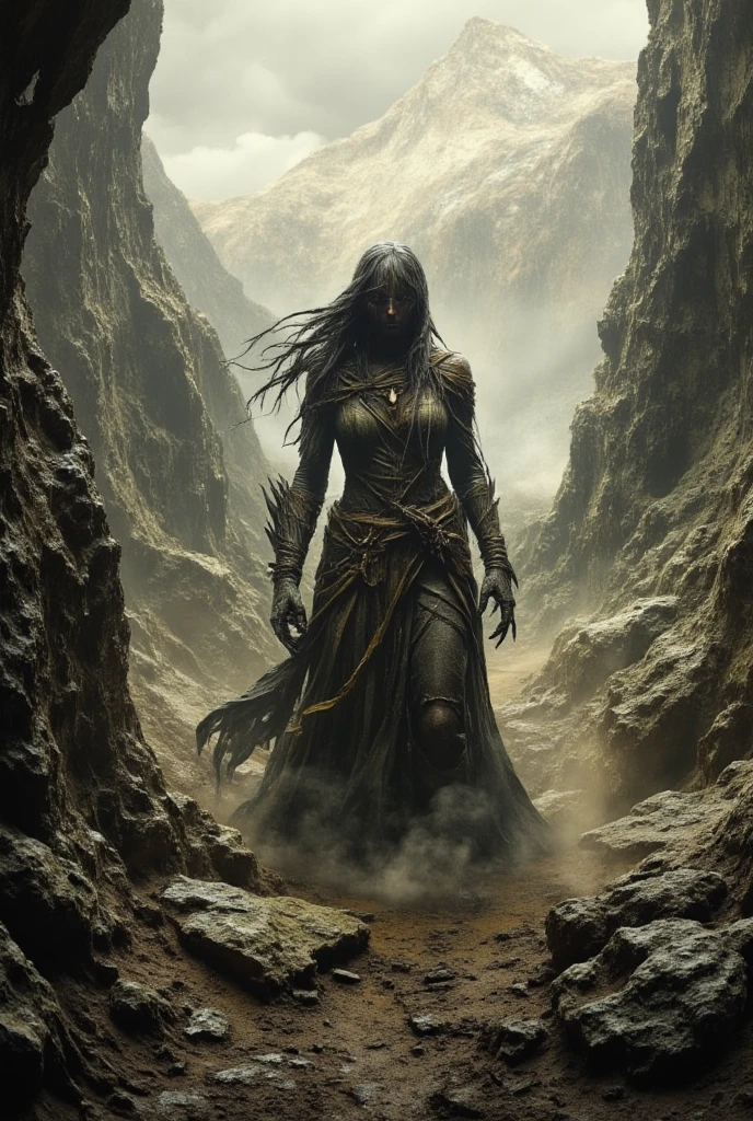 (best quality, 128k,highres,masterpiece:1.2),ultra-detailed,(realistic,photorealistic,photo-realistic:1.37), ((masterpiece)) ((photography)) ((Highest quality)) Photographic depiction of an earth mage  woman standing confidently amidst a rocky terrain. She commands the ground, with jagged stone pillars rising around her and cracks forming beneath her feet. Her attire incorporates earthy tones and textures, resembling bark and stone. The background features a mountainous landscape with dust and debris swirling in the air, emphasizing her deep connection to the element of earth.