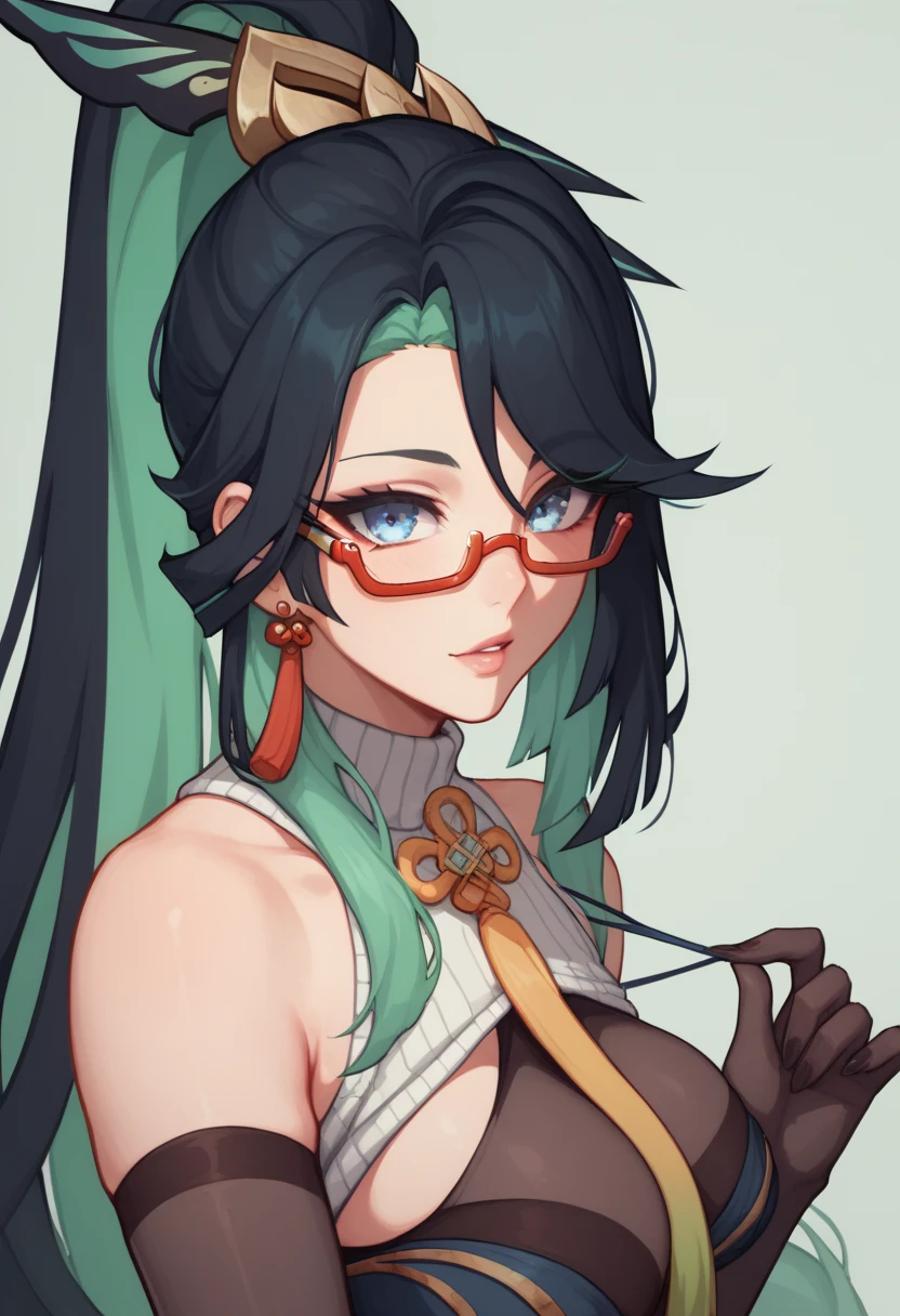Score_9, score_8_up, score_7_up, cut on cheek, Chinese dress, fingerless gloves,green lipstick, hand rest on chest, long straight black hair, seriously seductive expression, green eyes, big breasts, makeup, Nyantcha Style, source_anime, rating_explicit, Xianyun (Genshin Impact), milf, seductive, red glasses, hair in a long ponytail, mature, auntie, milf, tight dress, covered, modest but sexy