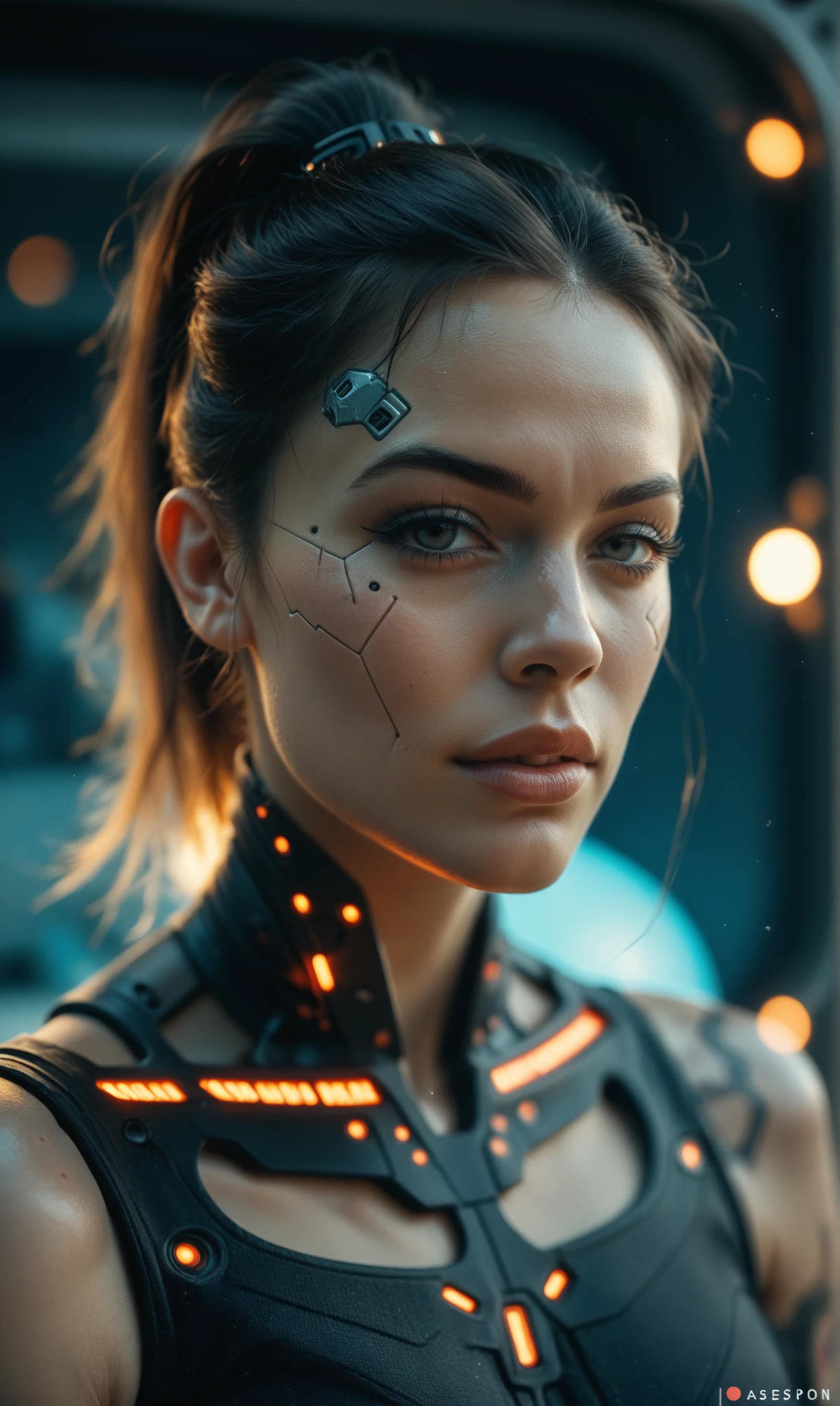 photography, detailed skin, realistic, photo-realistic, 8k, highly detailed, full length frame, High detail RAW color art, piercing, diffused soft lighting, shallow depth of field, sharp focus, hyperrealism, cinematic lighting, film grain, <lora:more_details:0.75>,
1 girl, adult (elven:0.7) woman, freckles, pink eyes, copper bun hair,
 looking at viewer, solo, half shot, detailed background, detailed face, (<lora:OxideTech:0.6>, junker,   oxidetech theme:1.1) evil high-tech futuristic hacker, smirk, advanced technology,  techwear, wearable device,  electronics,   (holographic display:1.05), error message,   neural network, screens in background,  espionage, dark sinister atmosphere, shadows,