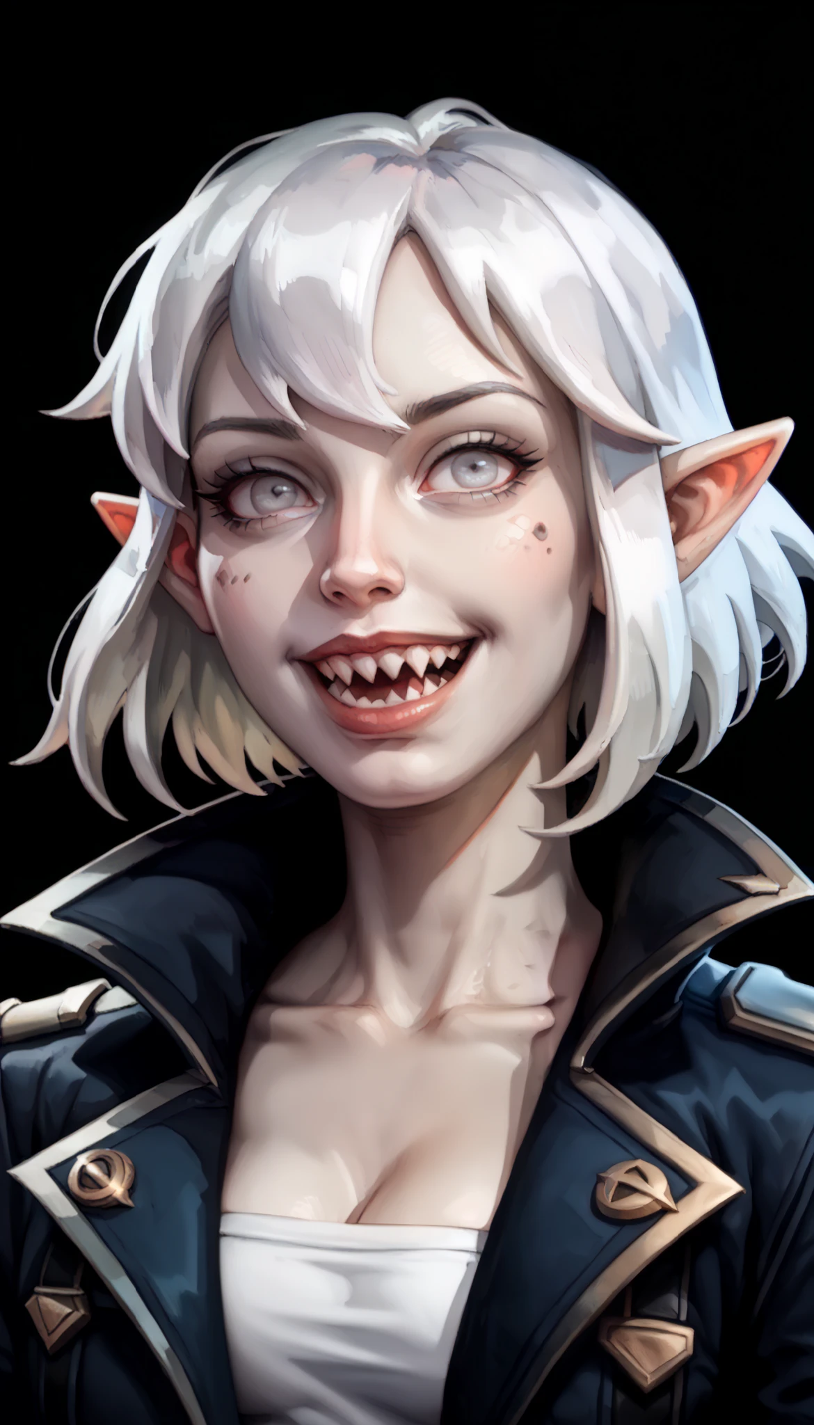 one woman, briar from league of legends, (pale skin, grey skin:1.3), pointy ears, sharp teeth, (pale eyes:1.2), white hair, straight bangs, (upper body:1.3), (black background, clear background:1.5), (black military jacket:1.2), (studio lights, deep shadows:1.3), (joyful face:1.2), (big chest:1.2)