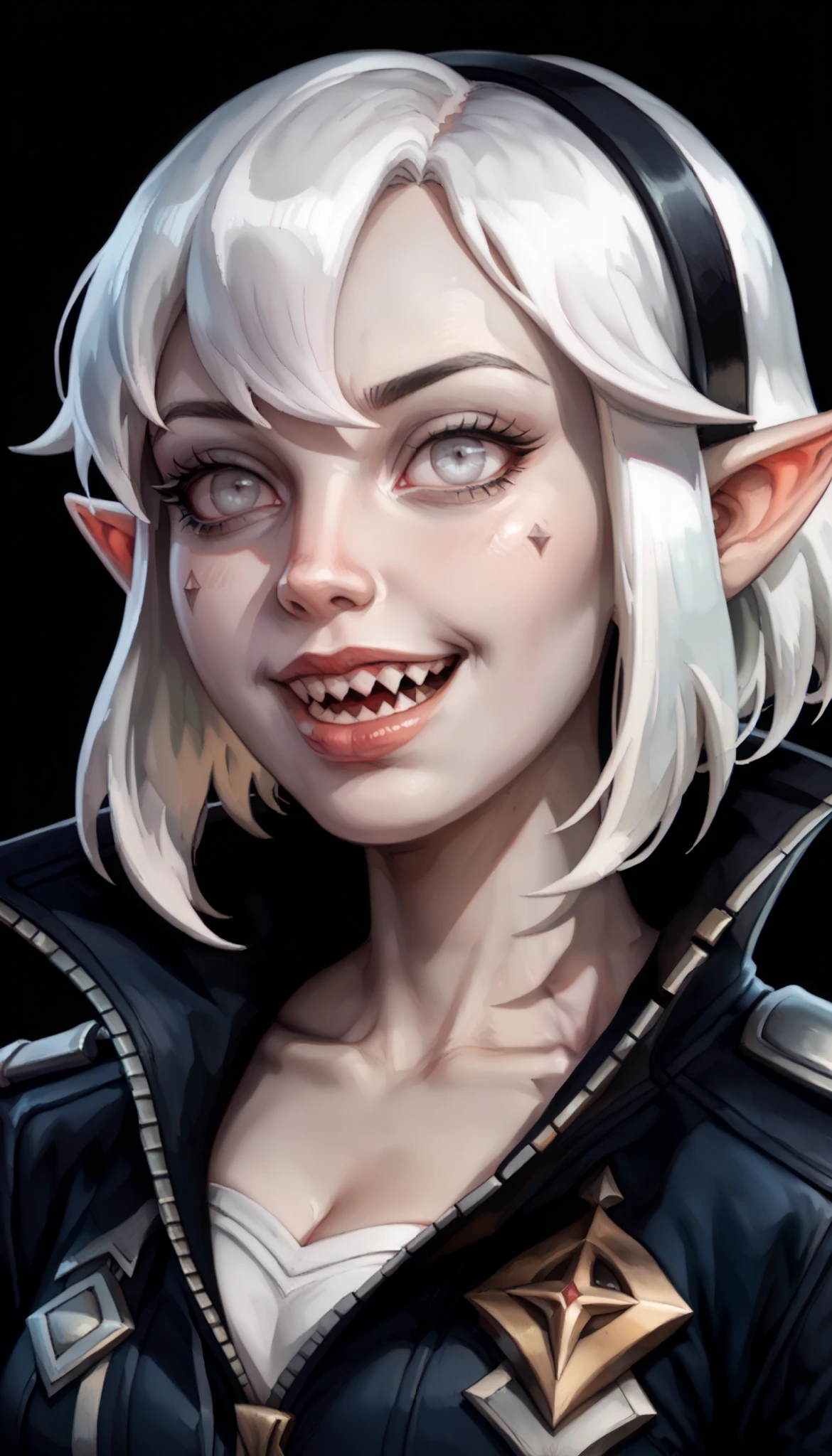 one woman, briar from league of legends, (pale skin, grey skin:1.3), pointy ears, sharp teeth, (pale eyes:1.2), white hair, straight bangs, (upper body:1.3), (black background, clear background:1.5), (black military jacket:1.2), (studio lights, deep shadows:1.3), (joyful face:1.2), (big chest:1.2)