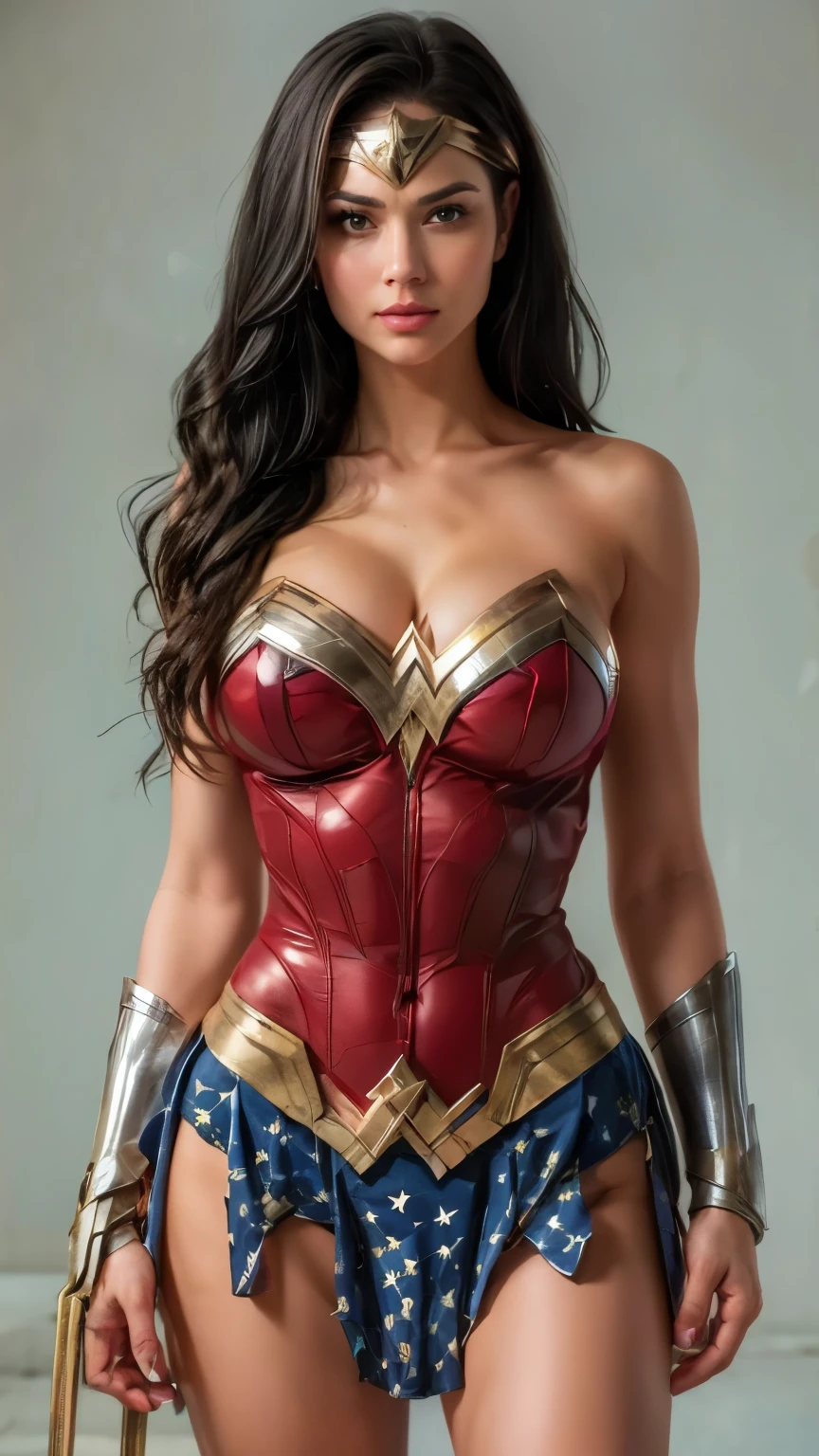 ((masterpiece, 8K, 3D, Realistic, Super Detail)), (1girl:1.3), slender 17 age, Ultra Micro photography, Super realistic, Perfect face, Beautiful features, ((Perfect female body)) Beautiful features, ( body), ((small hips)), Lisa as Wonder woman suit ((Exposed thigh)), Exposed Skin, Front Full body Shot, full body portrait, futuristic city background
