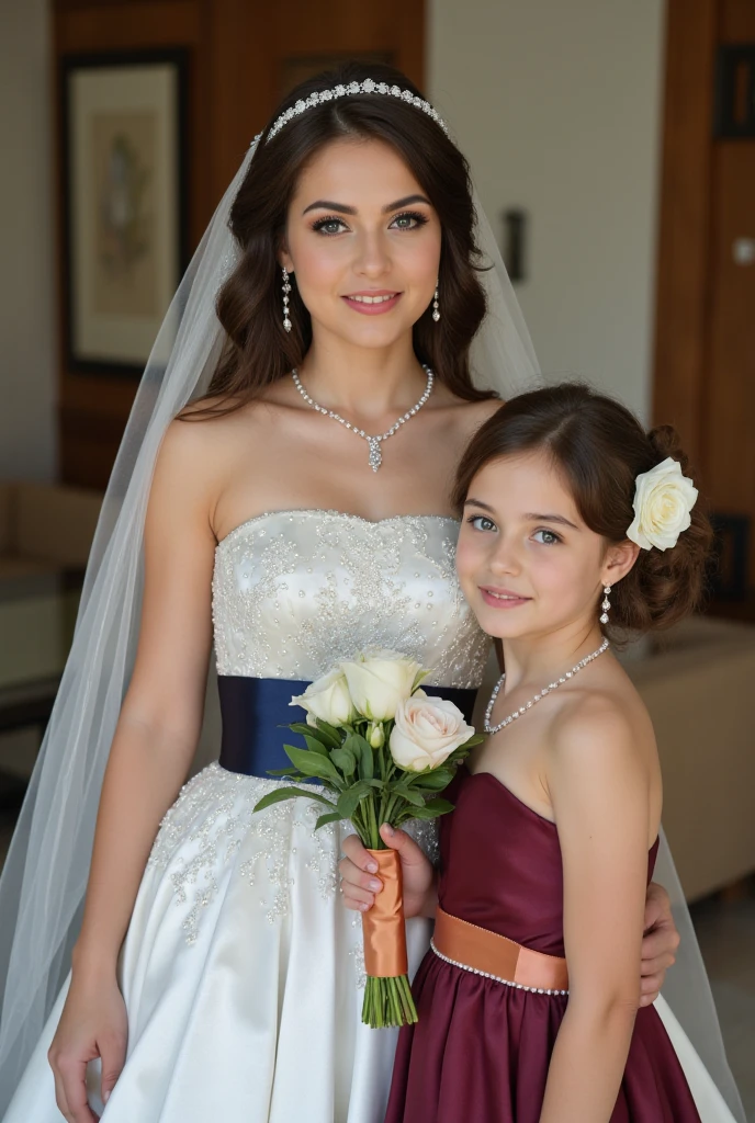 (​masterpiece, best quality:1.5), highest quality, High resolution, super detailed, Realists, Upper body photo of a brunette 50 year old woman, detailed and beautiful eyes, beautiful detailed lips, very detailed eyes and face, longeyelashes, Mother of the bride dress made of shiny satin fabric, Beautiful and colorful makeup, elegant and noble々Pose,shiny satin headband, grind, Holding flowers, Gardens as background, soft daylight, bright colors, fine brushstrokes, Portrait style, Noble details in the dress fabric, beautiful color palette, glowing skin, First-class rendering, that captures every detail, enchanting atmosphere, subtle shadows and lights, (perfect anatomy:1.2), (The stunning mother of the bride stands next to a young 18 year old bridesmaid and a 14 year old flower girl, (magnificent panorama view:1.2)