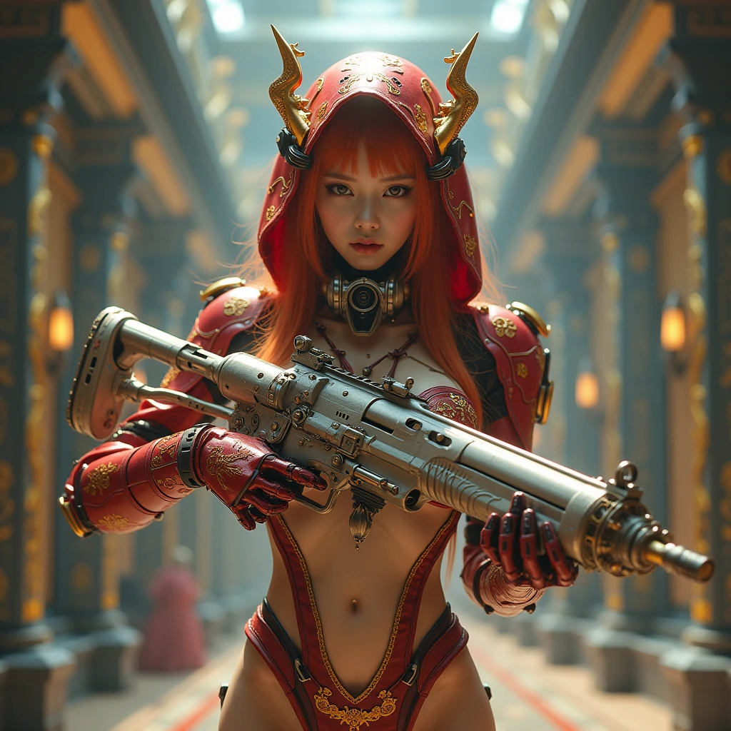 Professional , masterpiece、top-quality、photos realistic , depth of fields 、(Dragon Red Metal Body:1.9),(Matte Red、(cleavage of the breast)、Dragon Gold Weapon、(Red Micro Bikini Armor:1.4),Gorgeous gold weapons ,(( Dragon's dense and gorgeous sword)) , (demonic wings)、((a blond))、(Castle background)、((Gangle's forest background))、Beautiful Caucasian beauty、1a person、dynamic ungle,(((Detailed and ornate dragon helmet)))、Smaller head、A smile、Castle background、Thin and beautiful female hands、cleavage of the breast、Soldier in iron armor on background、Mystical expression、Light Effects、intense fighting、Wind-effect、magic circles、With the legendary magic wand、Dragon's tail、explosions、