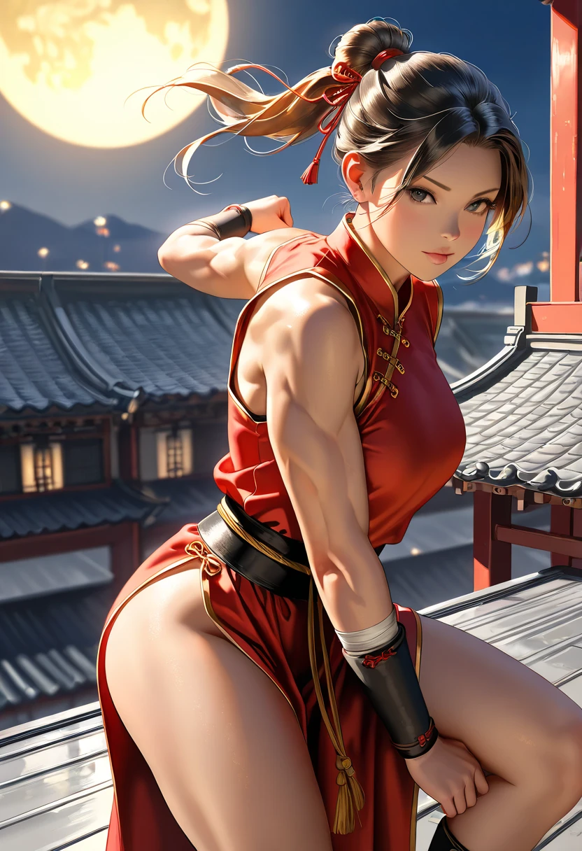 The image depicts Chun-Li in a red sheer fabric Cheongsam with gold detailed embroidery accents and short skirt that allows freedom of movement for its powerful kicks. She also wears white socks and boots, further enhancing her sleek appearance. (((erect nipple))), ((areolas)), (Korean(kpop idol)), ((puffy eyes)), powerful Street Fighter fighters, in a dynamic and intense confrontation. fighters are immersed in a dynamic pose. displaying her agility and dexterity. She swings her leg back, bracing herself for a precise kick. Her long black hair floats in the wind, giving her an imposing appearance. The image is set in a nighttime urban setting, with neon-lit streets and tall buildings in the background. The bright lights cast dramatic shadows over the fighters, highlighting their tense muscles and determined expressions. Sparks and motion effects add a touch of dynamism to the scene, capturing the energy of confrontation. (nsfw:1.125)