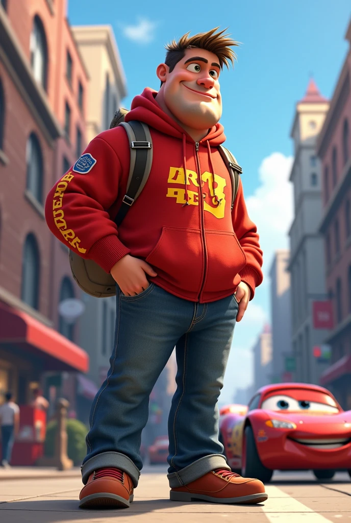 solo, raccoon, twins, 60 year old male, (walking, hands in pockets), natural pose, different facial expressions, tired, bored, annoyed, two identical heads attached to the same body, raccoon ears, bald, stubble, beard, masculine, two necks, eyes, adult, male, 3d, by disney, by pixar, (overweight, fat, obese, big belly), night sky, brick alleyway background, streetlamp, hoodie, belt, jeans, bulge, correct hands, correct anatomy, ultradetailed, best quality, detailed masterpiece, highly detailed masterpiece, 4k, professional cartoon