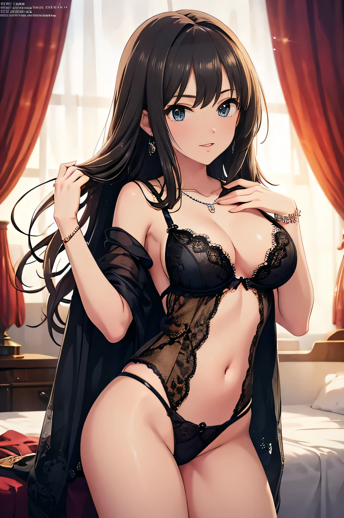 2D Anime, nsfw, absurdres, masterpiece, best quality, newest, hyper detailed, intricate, beautiful, aesthetic, sexy and erotic yet elegant lingerie advertisement, fashion magazine cover,
1girl, solo, cute , middle chest, (long hair, eyelashes:1.1), jewel-like eyes, eye glitter, beautiful eyes,（Bedroom:1.5）、
seductive smile,
thick thighs,
see-through sexy lingerie, lace, skindentation, (steam, steaming body, shiny skin:1.1),
earrings, necklace, bracelet, accessory, jewelry, 
depth of field, blurry background, HDR, (lens flare, bloom light:1.1), cinematic composition, cinematic lighting, (light particles, glitter:1.1),
bewitching, voluptuous, fascinating, alluring, enticing,
looking at viewer,
confident pose, hair flip, hand in own hair