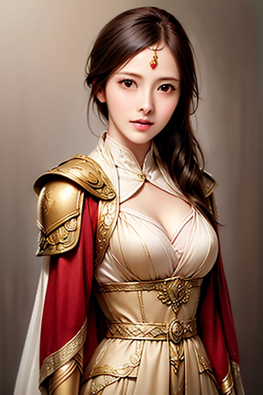 ((The upper body of a female warrior wearing gold and red armor and cloak:1.3)), 1 person,20th generation, black hair, Ponytail,(( showing cleavage :1.1)),Symmetrical normal eyes   ,((No accessory on the forehead)), High Definition Face and Skin Textures , smile , staring at the camera,   Chinese Warrior ,  perfect beauty: 1.4, fine grain, double eyelids,  whitening, top quality, Super high resolution , simple background,((  slim waist :1.4)),  hair ornament:1.3,