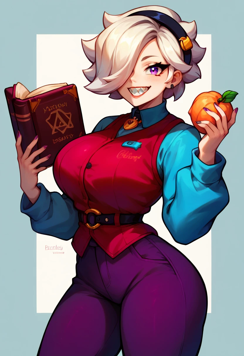 , solo, 1woman, colettedef, sharp teeth, smile, looking at viewer, holding book, hair over one eye, black hairband, blue shirt, long sleeves, sleeves past fingers, red vest, purple pants, (huge breasts:1.0), sexy body
