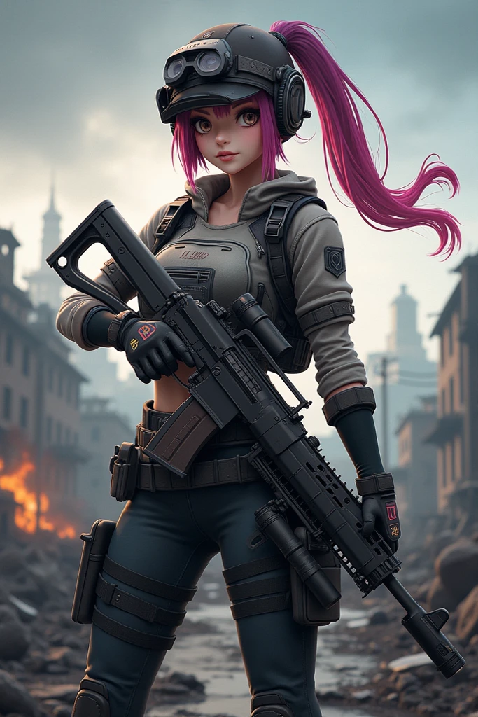 An exquisitely detailed anime illustration of a stunningly beautiful and voluptuous female paintball athlete in the midst of an intense skirmish session. She is clad in state-of-the-art battle-worn paintball armor, adorned with splashes of vibrant paint and featuring a stylish Anubis motif protective mask. Wielding a modern paintball rifle with ease, she navigates the obstacle course with grace and agility. Her friends are seen in the background, engaged in the skirmish, adding to the dynamic and competitive atmosphere of the scene., anime, illustration