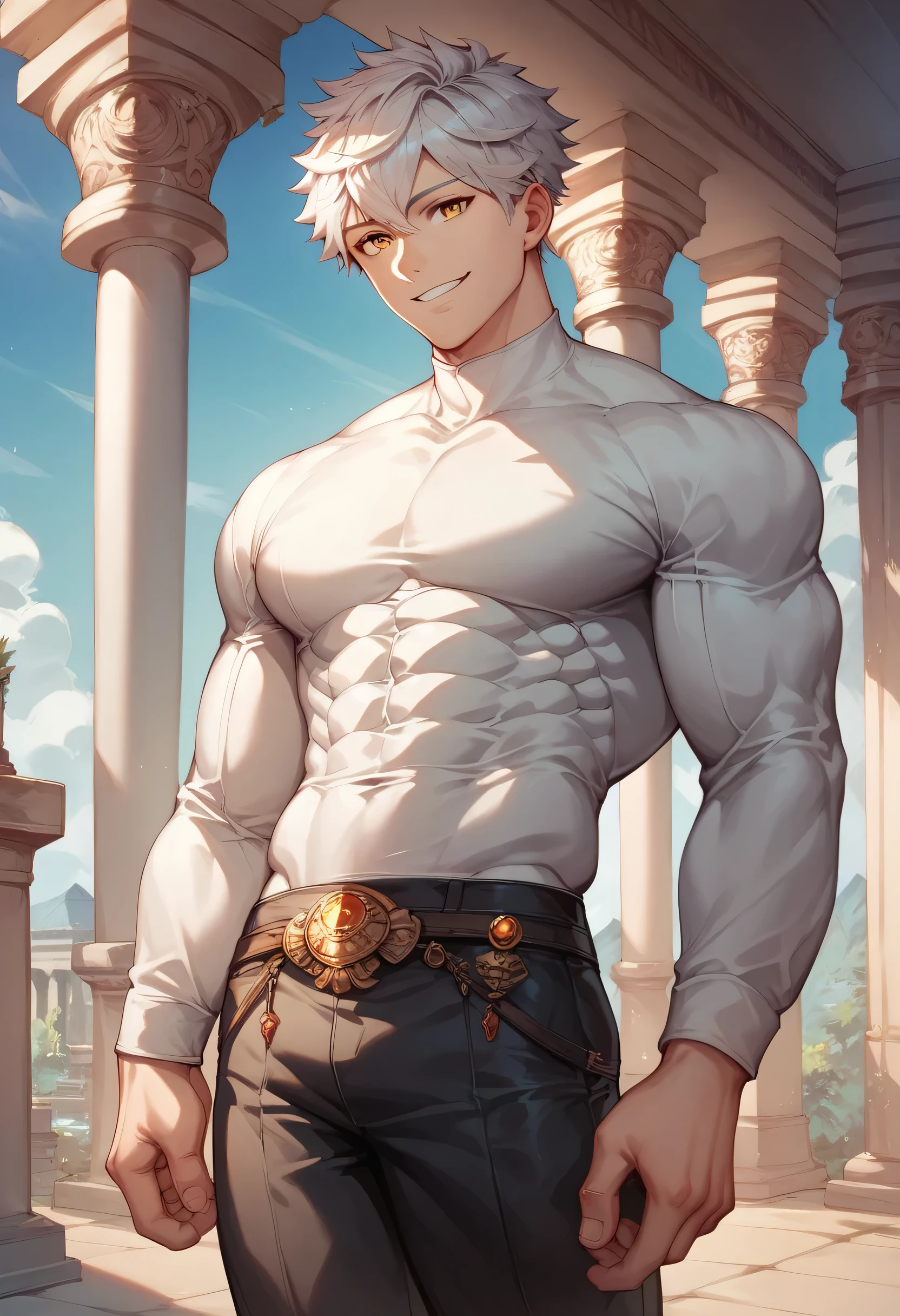 score_9, score_8_up, score_7_up, score_6_up, 1boy, solo, straight hair, short hair, White-silver hair, amber eyes, muscular, gigachad, ornament white shirt long sleeves, black pants, greek temple, standing, looking at viewer, smile.