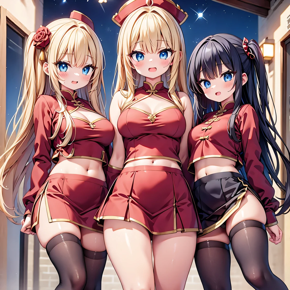 ((masterpiece、Highest quality、Official Art))、snap shot、Idol Concert、Concert Stage、(3人のcute naked girls、、smile、sing、dance、Ribbon headband、Ultra mini skirt:1.2、Idol Costumes)、Exposing the breasts、Hair of different colorr.々Hair style、(((Full nudity、Pussy、cute)))、(Sweat a lot、Glowing Skin)、Anime key visual, ((The characters are unique))