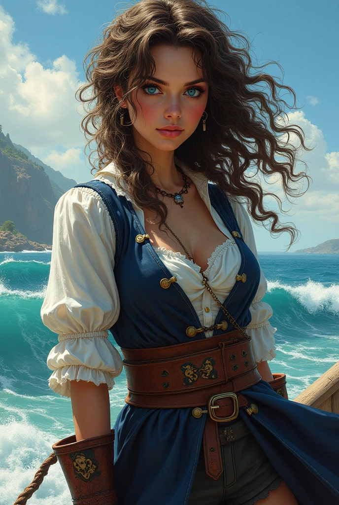 a portrait of a woman pirate holding a saber on a pirate ship ready for battle, ((full body: 1.5)), ((anatomically correct: 1.5)), (ultra detailed face: 1.2), looking tense, looking dangerous, dynamic eye color. dynamic hair color, dynamic hair style dynamic skin complexion, wearing 18th century white button shirt, busty , wearing wearing high heeled boots, sunny day, sun rays, some clouds,18th century pirate ship background, vibrant, Ultra-high resolution, High Contrast, (masterpiece:1.5), highest quality, Best aesthetics), best details, best quality, highres, 16k, (ultra detailed: 1.5), masterpiece, best quality, (extremely detailed) RAW, (ultra details, Masterpiece, best quality), Hyperrealism style, holding sword, Intense gaze