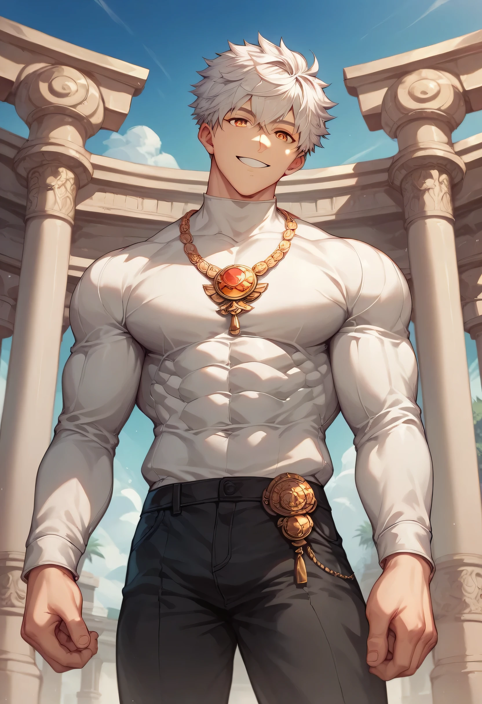 score_9, score_8_up, score_7_up, score_6_up, 1boy, solo, straight hair, short hair, White-silver hair, amber eyes, muscular, gigachad, ornament white shirt long sleeves, black pants, greek temple, standing, looking at viewer, smile.