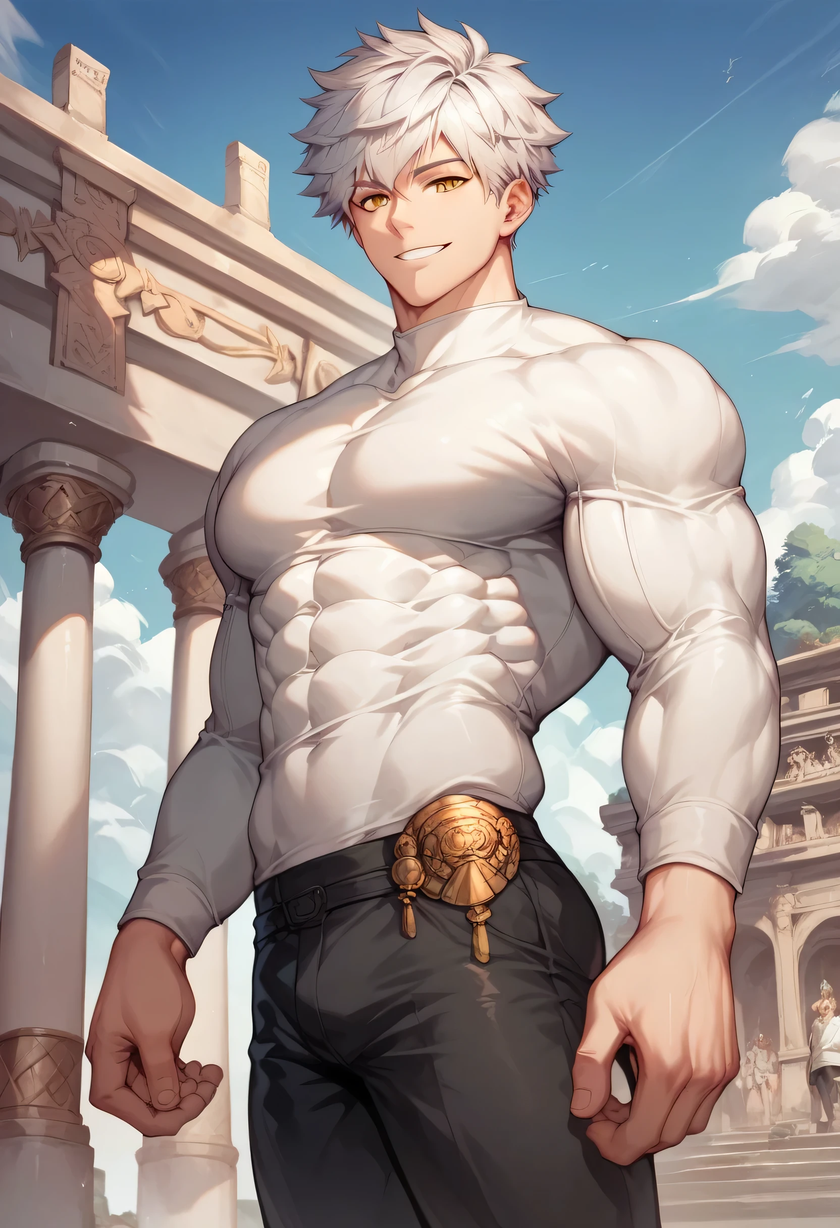 score_9, score_8_up, score_7_up, score_6_up, 1boy, solo, straight hair, short hair, White-silver hair, amber eyes, muscular, gigachad, ornament white shirt long sleeves, black pants, greek temple, standing, looking at viewer, smile.