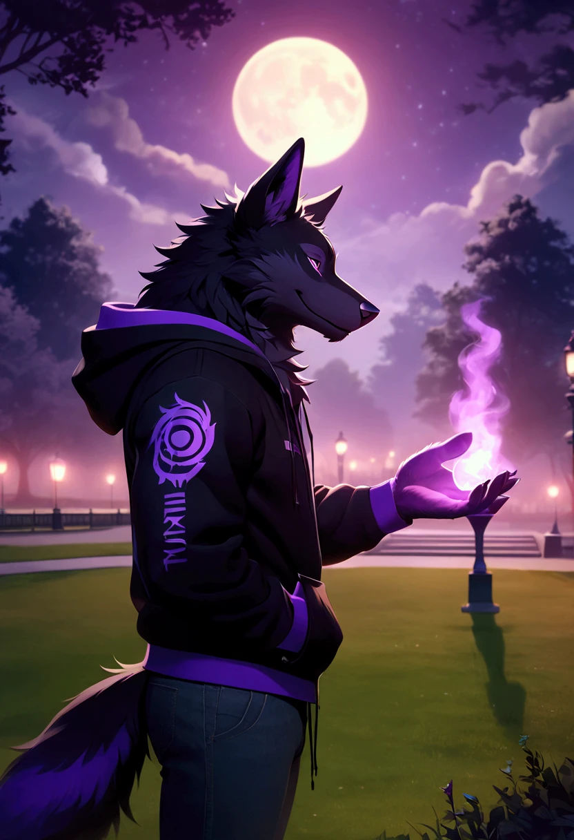 Furry black wolf, purple eyes, muscular, wearing black jacket, with hoodie, wearing gray shirt, wearing long black pants, standing in the park, head is up, smiling, looking at the sky, body side view, grassy park, middle night, full moon, sky foggy, casting magic a dark purple flame in left hand.