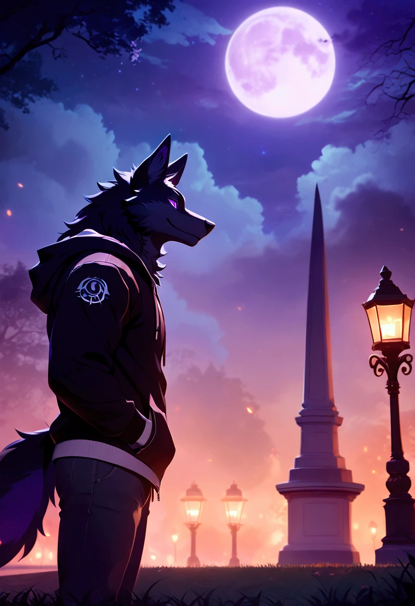 Furry black wolf, purple eyes, muscular, wearing black jacket, with hoodie, wearing gray shirt, wearing long black pants, standing in the park, head is up, smiling, looking at the sky, body side view, grassy park, middle night, full moon, sky foggy, casting magic a dark purple flame in left hand.