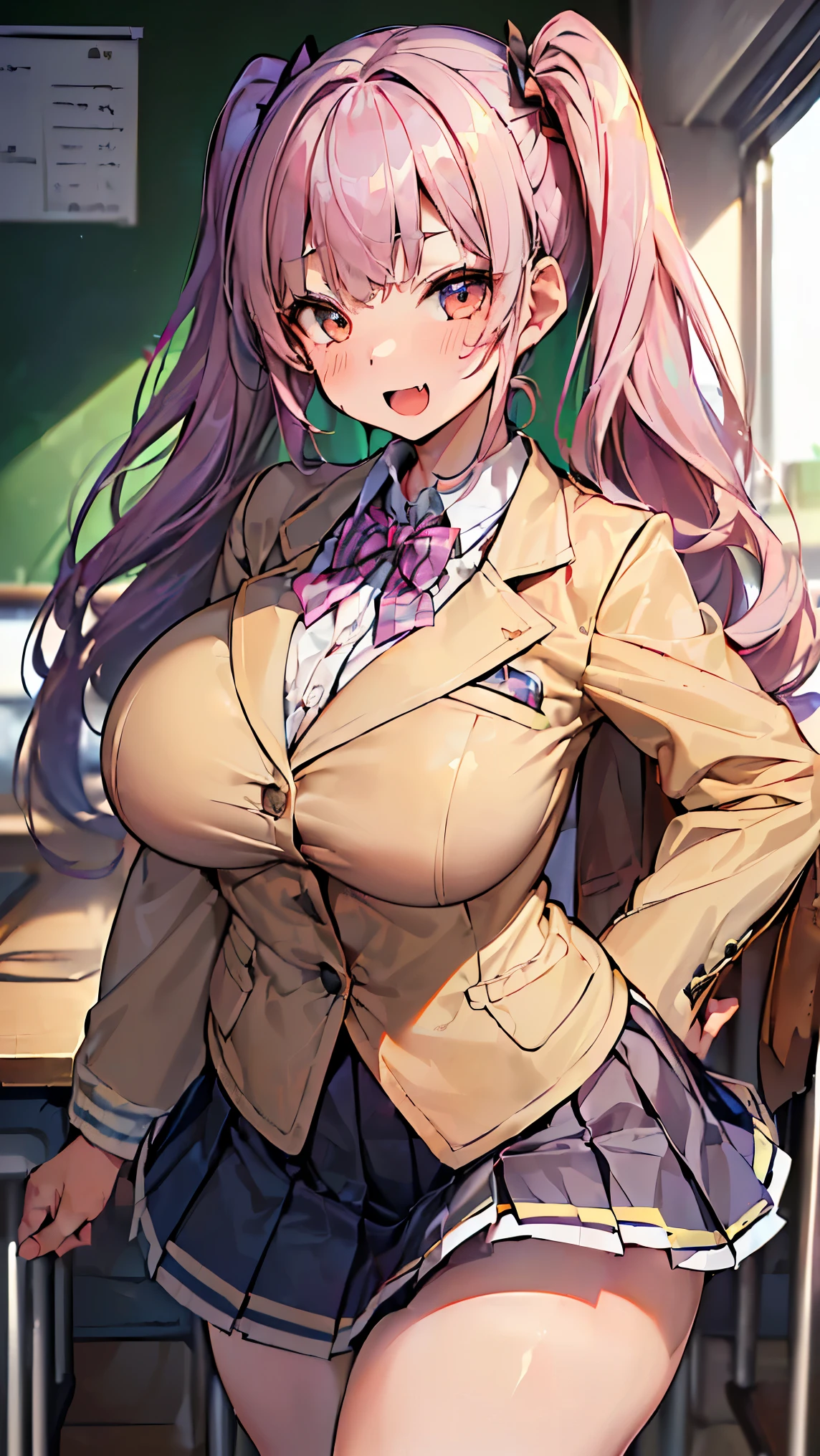 (Extremely Super Big Breasts :1.6),( Super big breasts:1.6),(masterpiece:1.2、 ( JK :1.3) ,(JK blazer　blouse　 pleated miniskirt :1.5),(classroom:1.2)、 straight bangs、  twin tails、  blue eyes、 Thin Waist, big ass,(tight:1.4)、(Class scene:1.2),( whitening:1.4)、 Extraordinary Big Breasts、lipstick、  I sweated、( Happy face:1.2),(Happy to be seen :1.2),( saggy :1.3),( Shibuya Gal Who Is Too Cute Today:1.3),(Fang:1.4),( female  :1.3),( idol:1.3),( Fan Service :1.3),(Big elementary school3),(The  who noticed the color),(Lori:1.3),( full of energy:1.3),(Boyfriend&#39;s perspective:1.5)