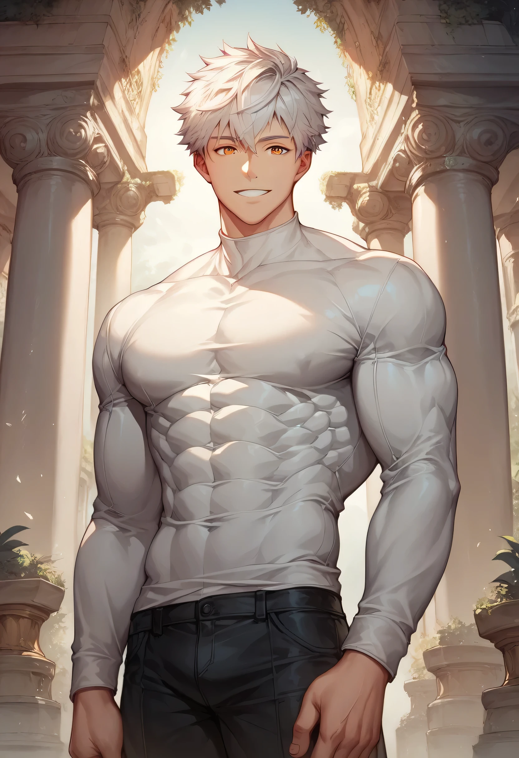 score_9, score_8_up, score_7_up, score_6_up, 1boy, solo, straight hair, short hair, White-silver hair, amber eyes, muscular, gigachad, ornament white shirt long sleeves, black pants, greek temple, standing, looking at viewer, smile.