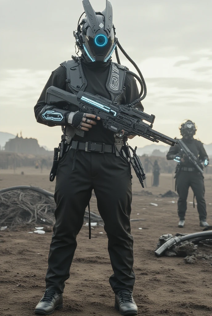 corporation soldier,holding a cybernetic SMG,in the badlands