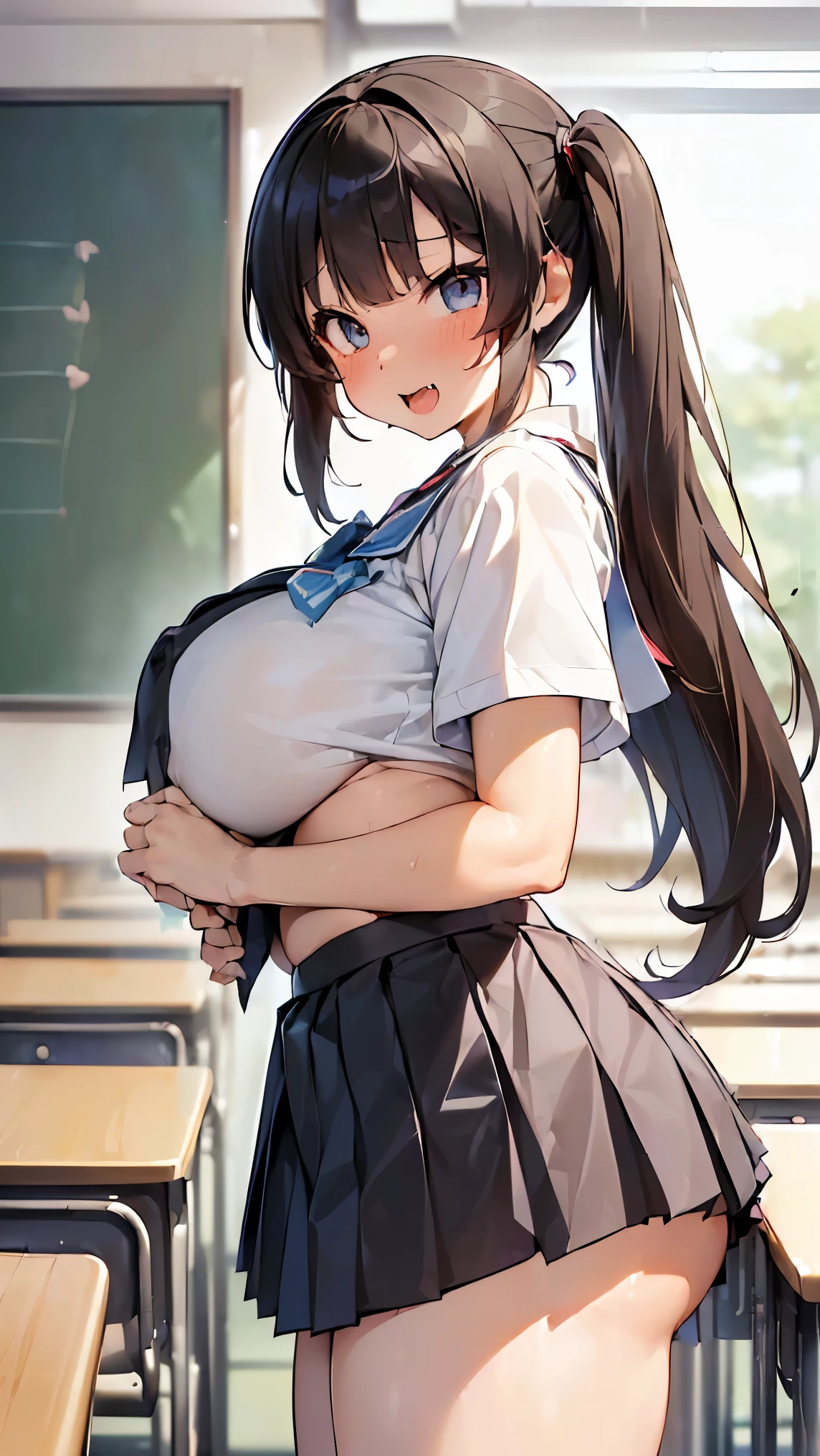 (Extremely Super Big Breasts :1.6),( Super big breasts:1.6),(masterpiece:1.2、 ( JK :1.3) ,(JK shirt-naked　 pleated miniskirt :1.5),(classroom:1.2)、 straight bangs、  twin tails、  blue eyes、 Thin Waist, big ass,(tight:1.4)、(Class scene:1.2),( whitening:1.4)、 Extraordinary Big Breasts、lipstick、  I sweated、( Happy face:1.2),(Happy to be seen :1.2),( saggy :1.3),( Shibuya Gal Who Is Too Cute Today:1.3),(Fang:1.4),( female  :1.3),( idol:1.3),( Fan Service :1.3),(Big elementary school3),(The  who noticed the color),(Lori:1.3),( full of energy:1.3),(Boyfriend&#39;s perspective:1.5)